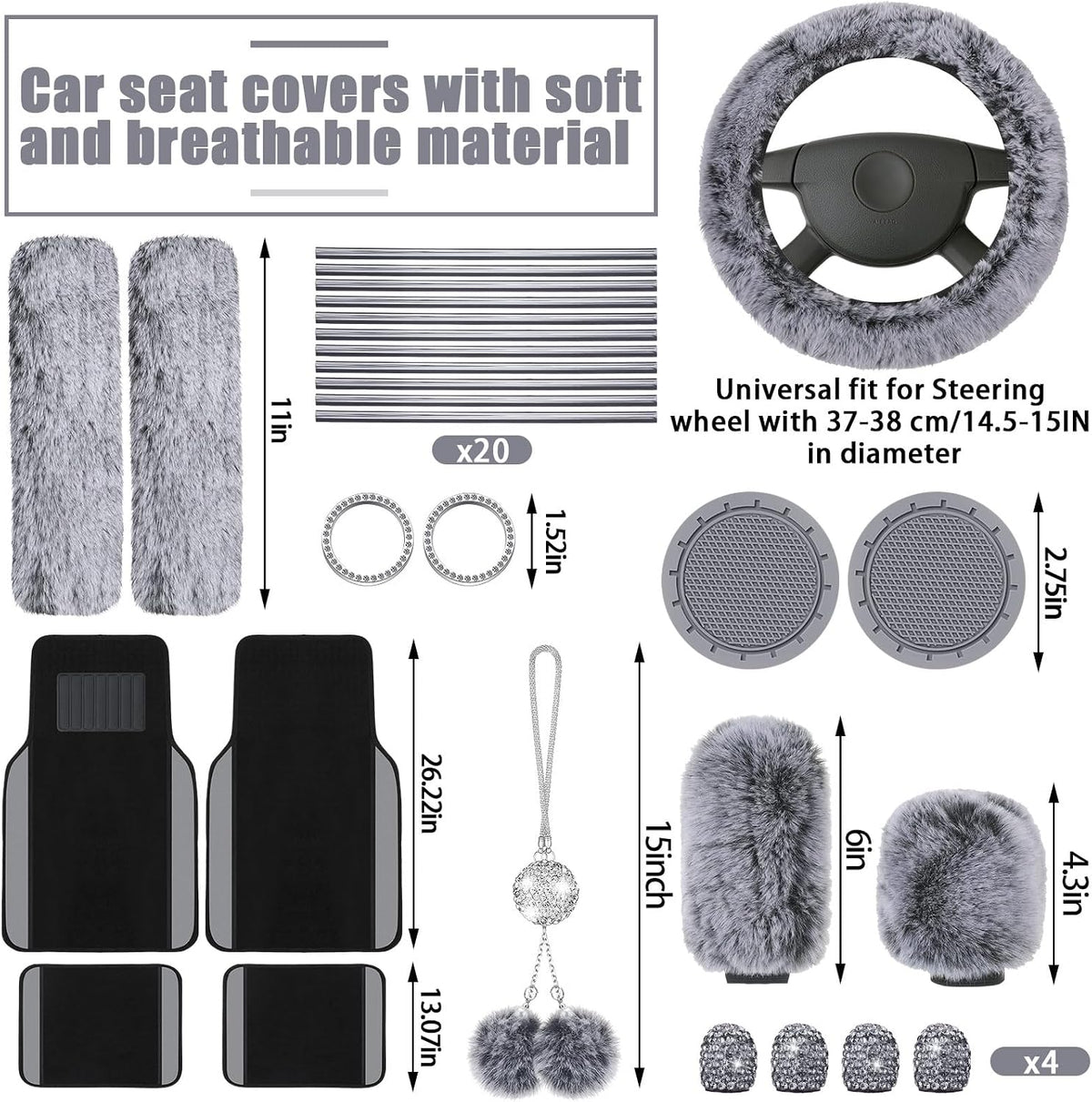 Woanger 47 Car Seat Cover Full Set Car Accessories for Women, Gray