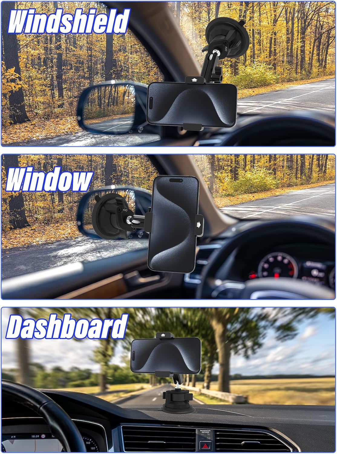 Suction Cup Car Phone Holder, Metal Phone Mount for Car Windshield
