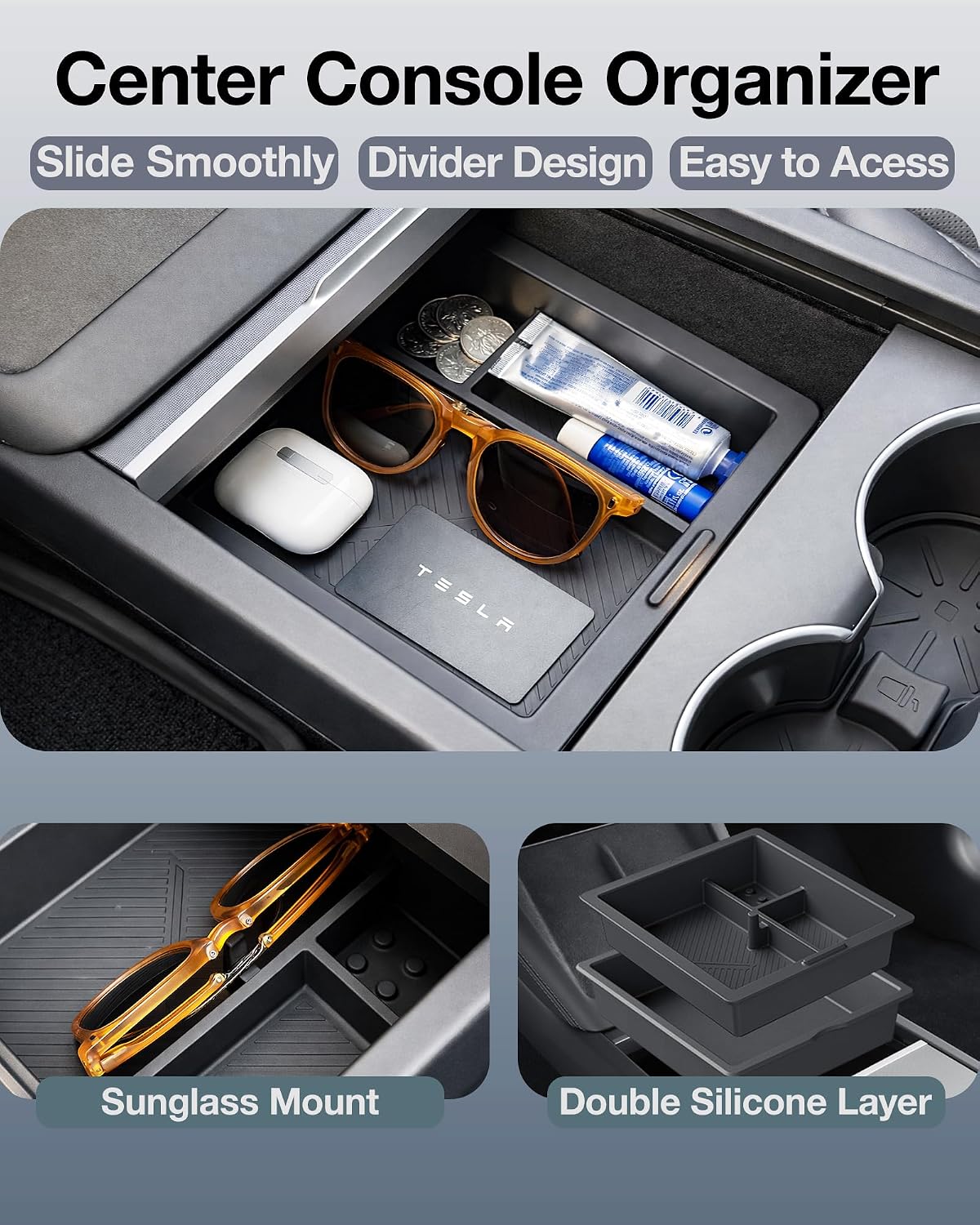 Center Console Organizer for Tesla Model Y Juniper Premium & Performance 2025 2026 and All Model 3 Highland Accessories [Double-Layer Storage, Smooth Sliding] Cup Holder Armrest Hidden Storage Box