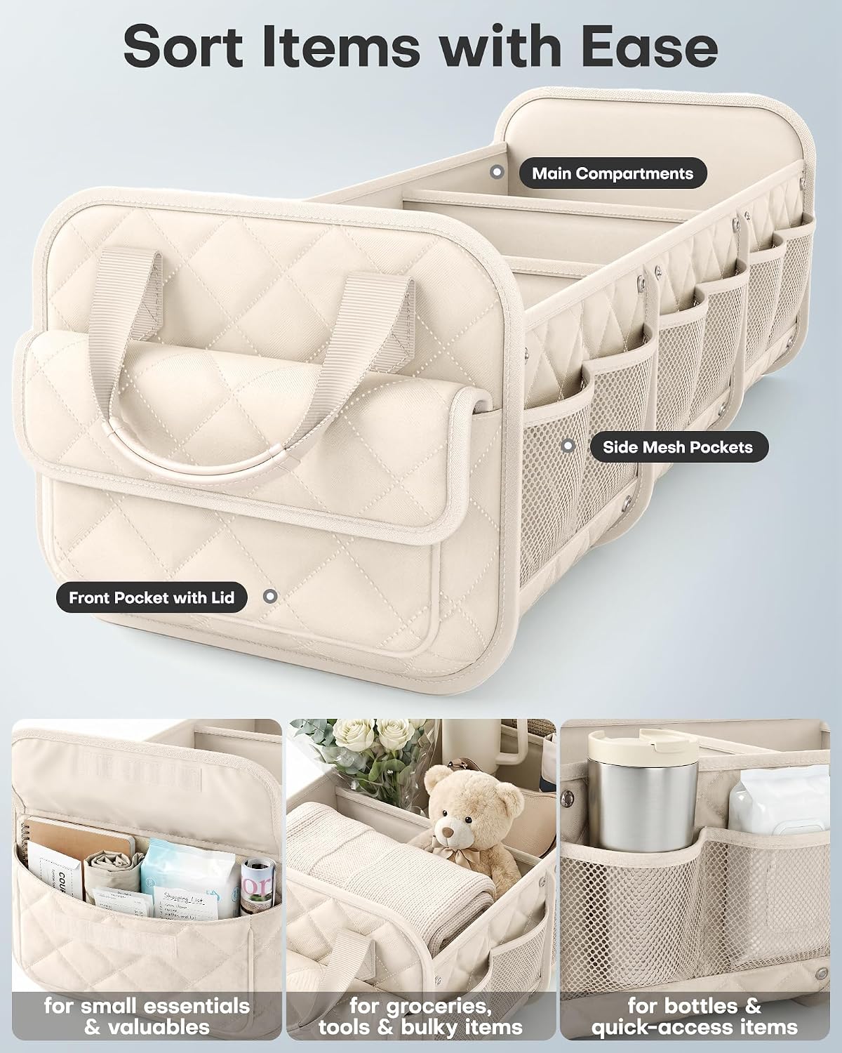 HOTOR Car Trunk Organizer for Women & Men Foldable SUV Storage Accessories | 3 Compartments, Road Trip, Camping, Shopping, for Tools & Outdoor Storage, Fits Truck, Van, Sedan, Beige, 32.3" x 12.8" x 11"