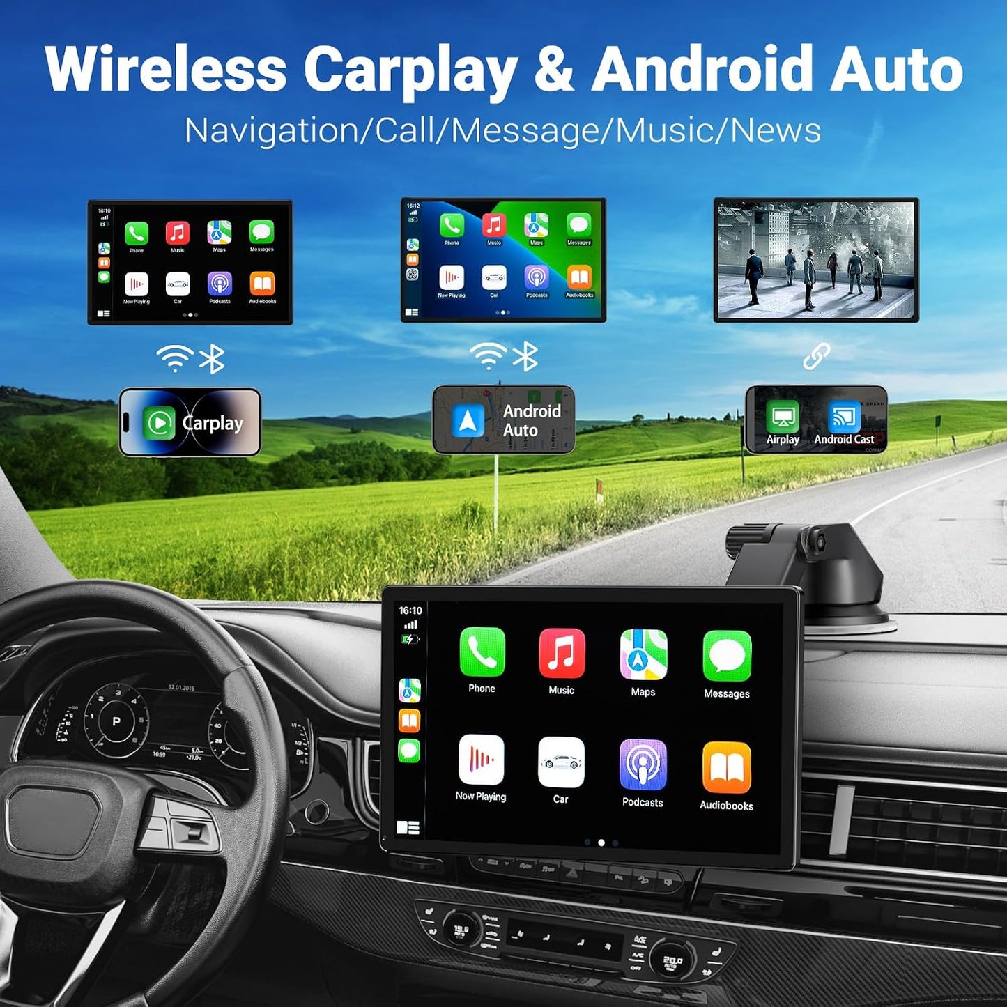 9" Wireless Apple Carplay Screen for Car & Android Auto with Backup Camera | Portable Touchscreen with OTA Update, GPS Navigation/Mirror Link/Voice Control/5.0 Bluetooth