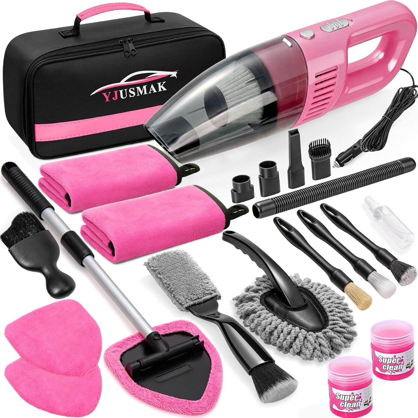 21PCS Car Detailing Kit Interior Cleaner - with Handheld Car Vacuum, Windshield Cleaning Tool, Detailing Brushes, Car Cleaning Supplies Kit for Women Men (Pink)