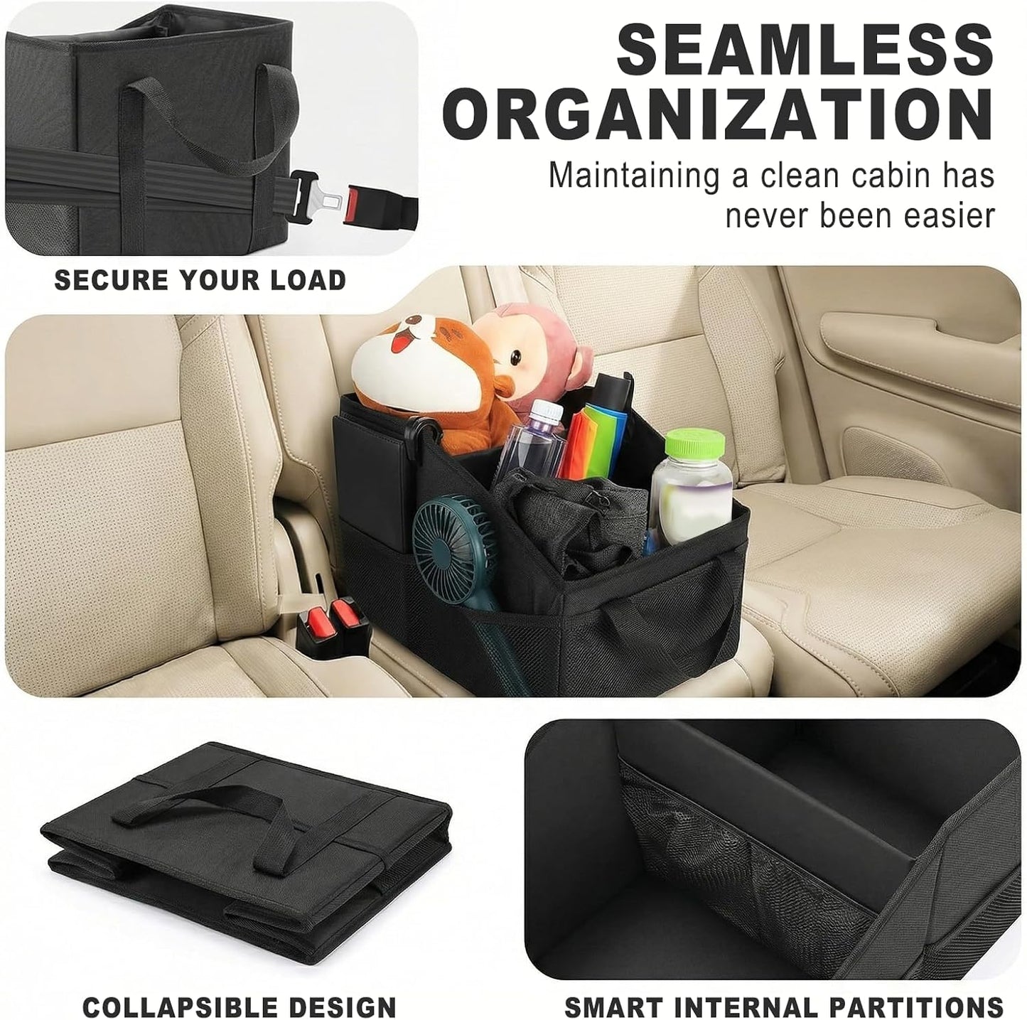 Car Seat Organizer Caddy, Collapsible Front Backseat Car Organizer & Floor Storage with Dividers, Mesh Pockets, Belt & 4 Cup Holders for Kids and Travel Accessories