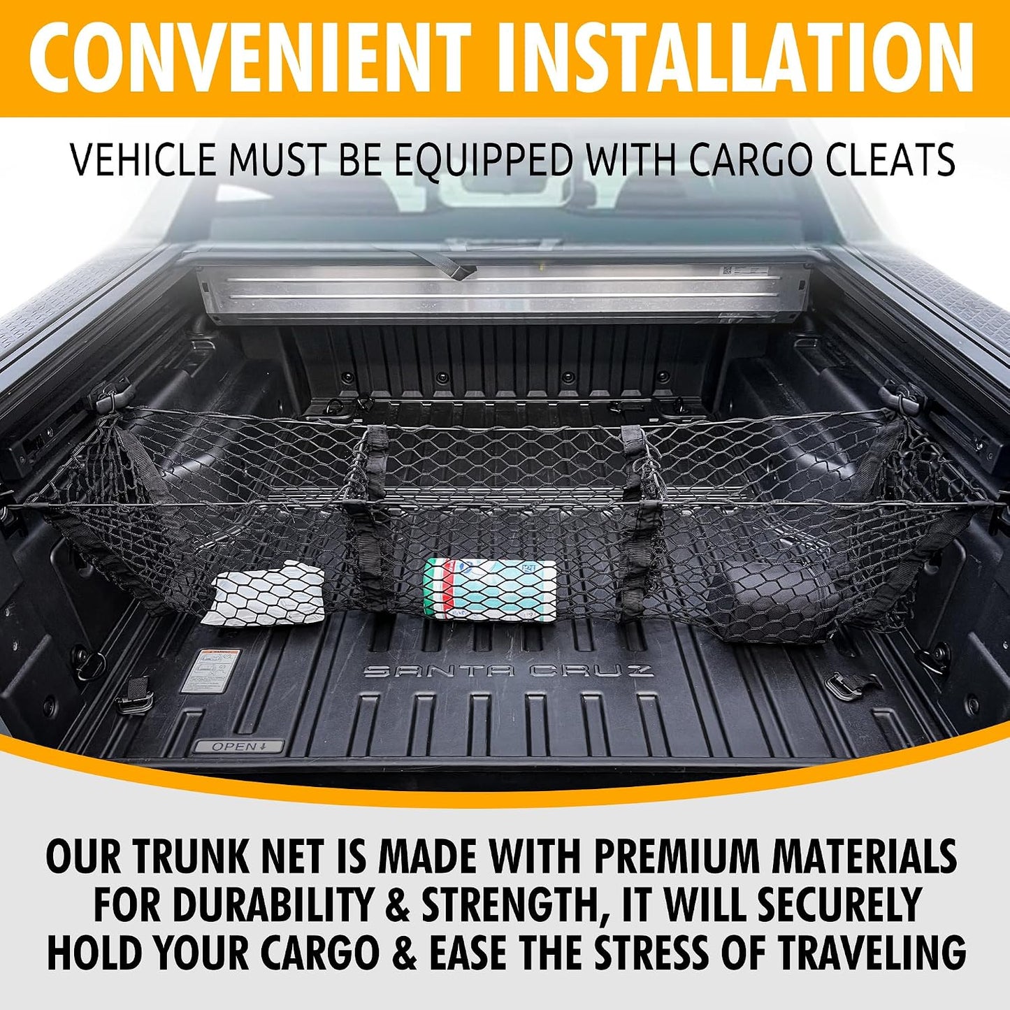 3 Pocket Style Elastic Trunk Cargo Net for Hyundai Santa Cruz 2022-2025 - Premium Trunk Organizers & Storage - Cargo Net for Pickup Truck Bed - Truck Bed Divider - Car Organizer for Pickup