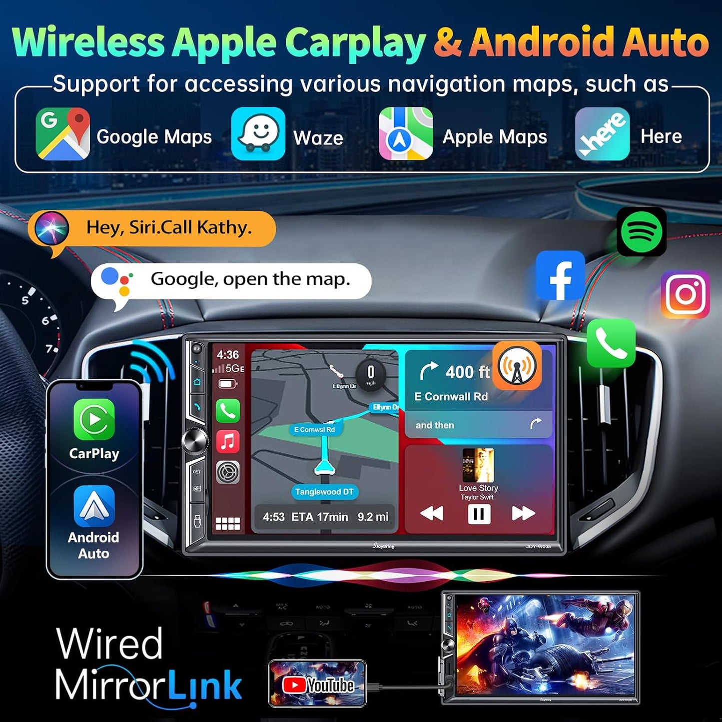 7" Double Din Car Stereo Compatible with Wireless Apple CarPlay & Android Auto, 240W 4.2-Channel Dual Subwoofer Ports, Touchscreen, Bluetooth 5.3, Mirrorlink, Backup Camera, FM/AM Car Radio