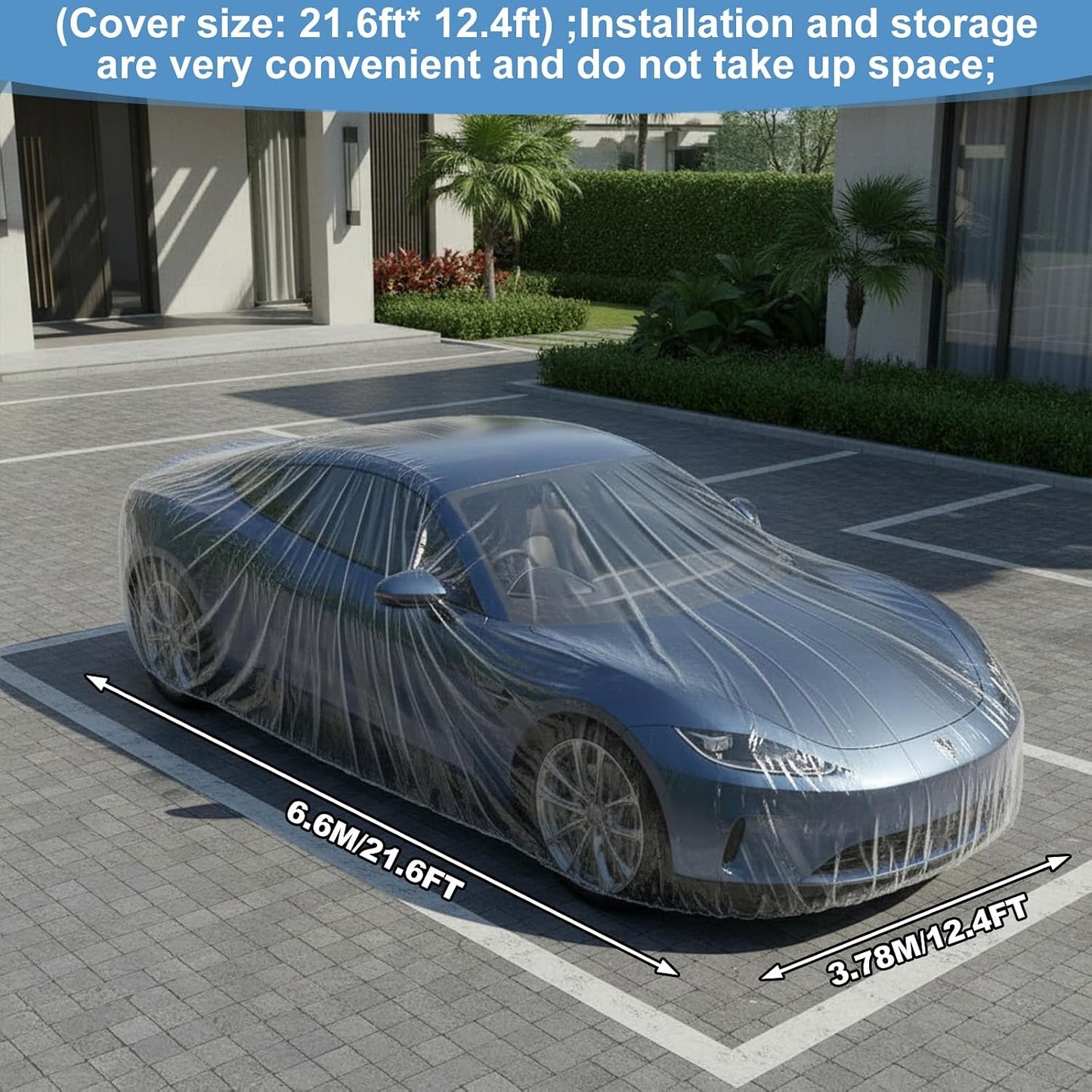 Sibba 5 Pack Disposable Car Covers, Plastic Car Cover Universal Waterproof Clear Cars Covers Vehicle Cars Cover with Elastic Bands for Sedan Outdoor Snow Rain Weather (12.4 ft x 21.6 ft)