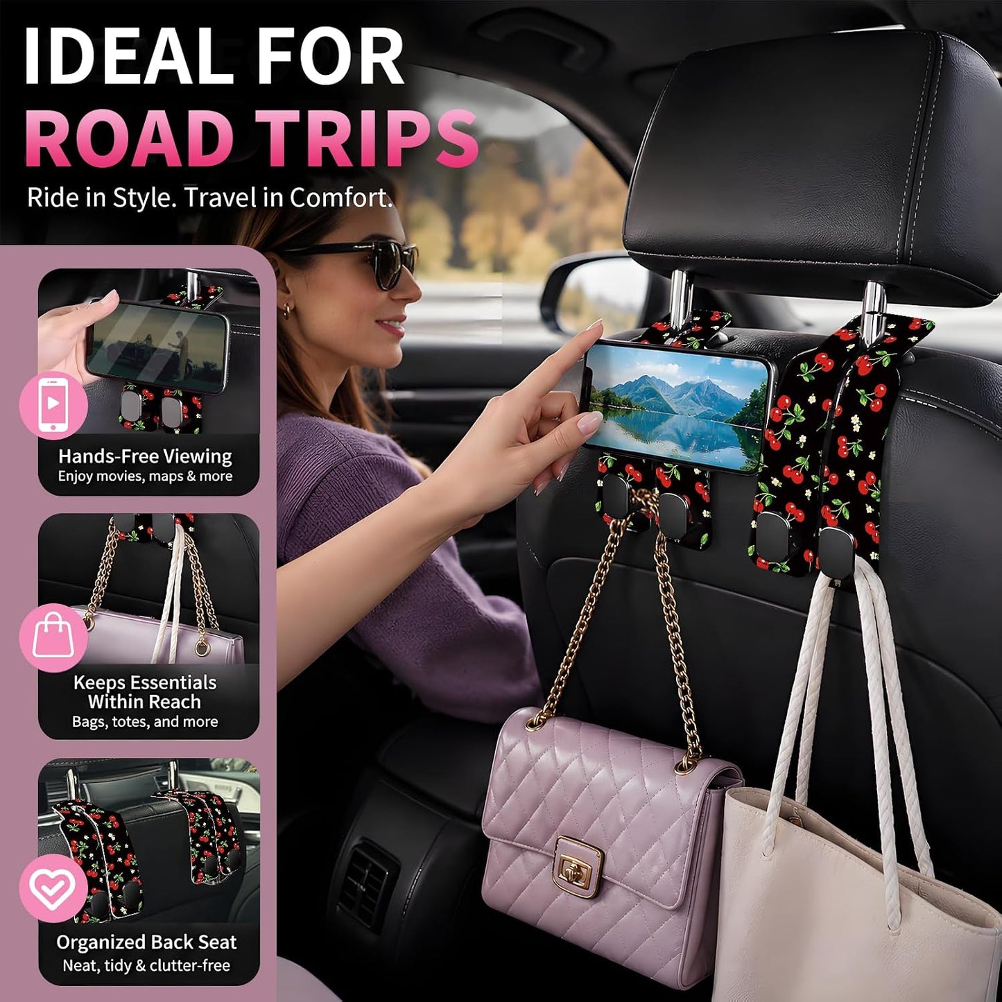 Car Seat Back Storage Hook, Funny Car Purse Hook, Cute Vehicle Storage Organizer for Purses Handbags Black Red Cherry