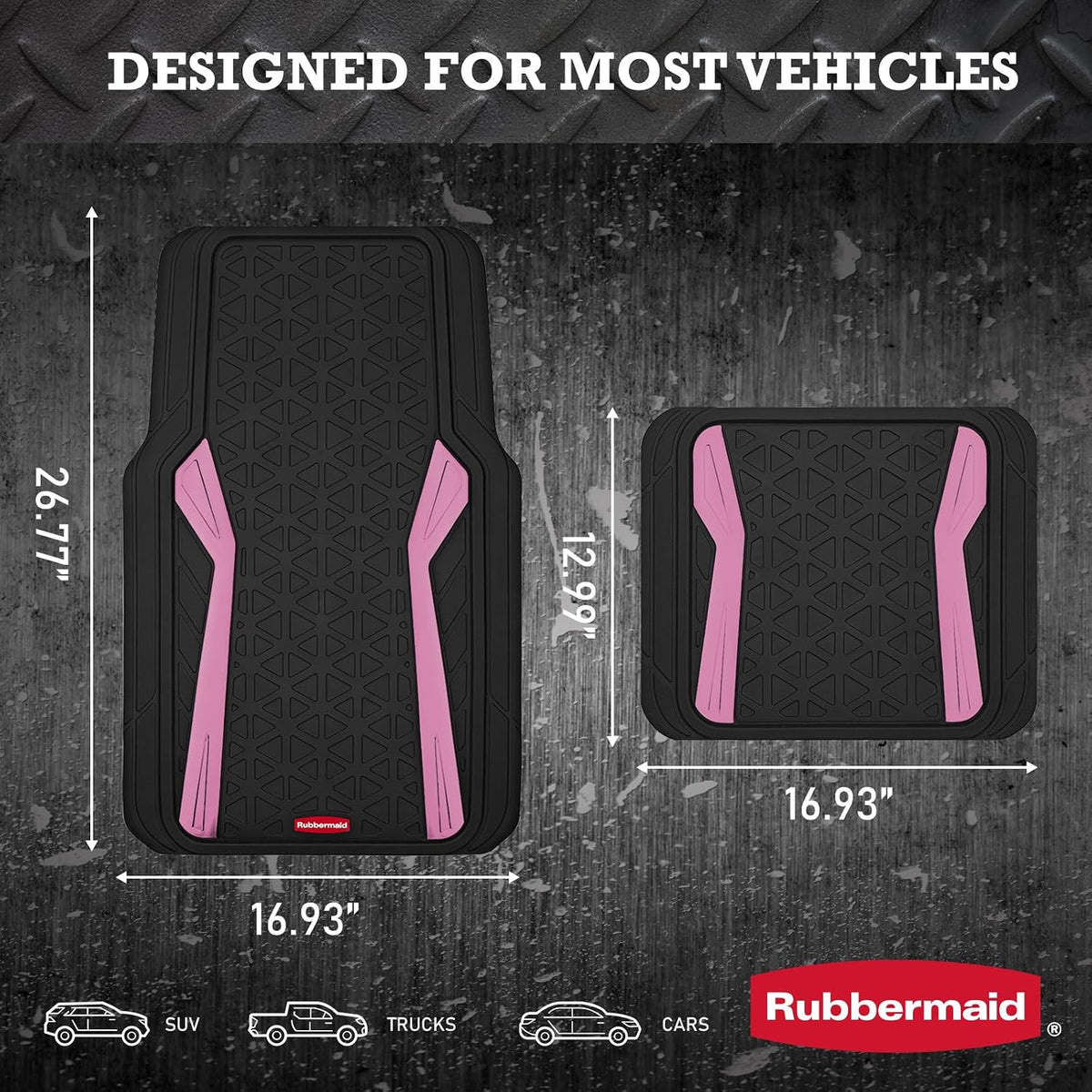 Rubbermaid Car Floor Mats Full Set, Premium Heavy Duty All-Weather Car Mats– Rugged Rubber with Brushed Aluminum Inserts, Universal Trim-to-Fit, Anti-Slip Backing for Cars, SUVs, Trucks & Vans - Pink
