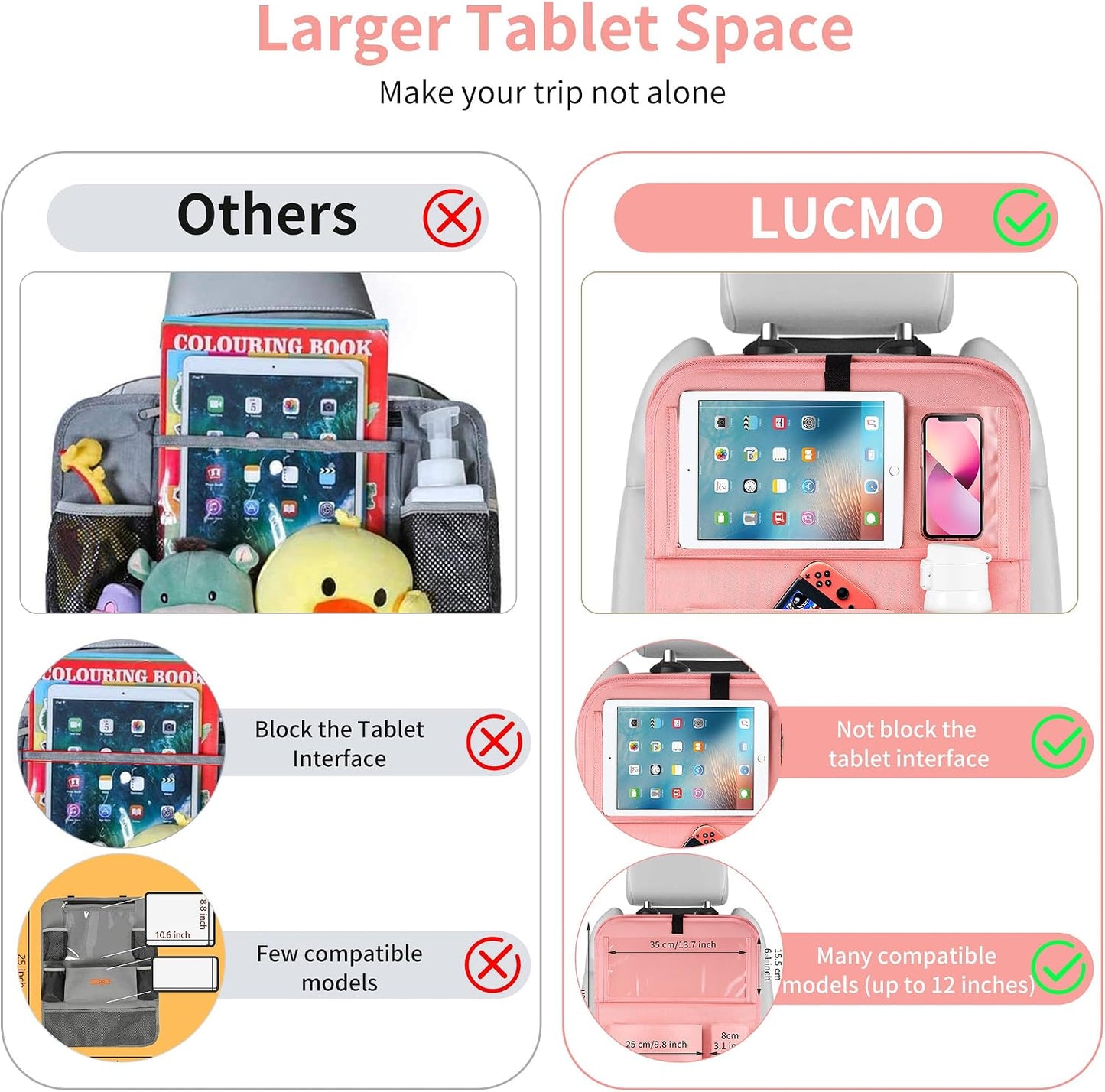 LUCMO Car Backseat Organizer with Foldable Tablet Holder, Pink | 6 Storage Pockets,Foldable Food Tray,Protectors Kick Mats,Travel Accessories,Seat Cover,Road Trip Essentials