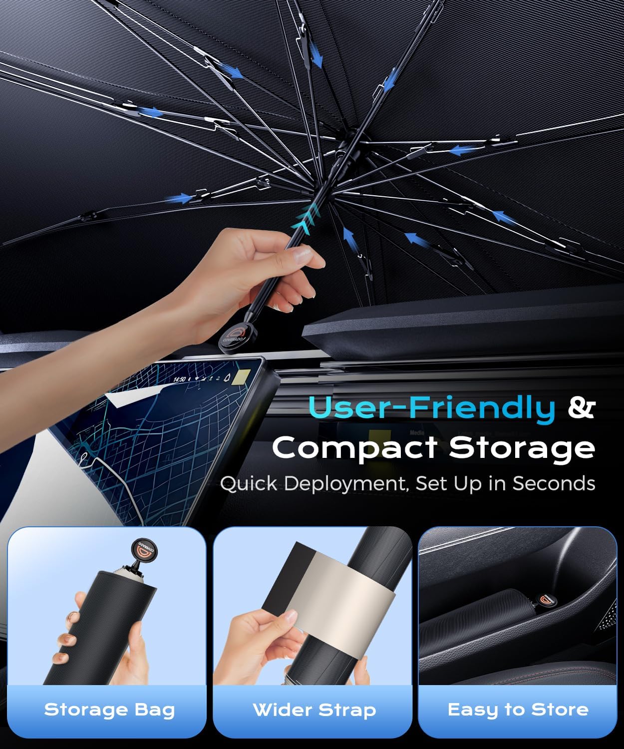 [2026 Upgrade] Coverado Windshield Sun Shade, UPF80+ Sunshade for Car Windshield Blocks Heat & UV Rays, Thickened Vinyl Coating Keep Cool Protect Interior, M 57”x32” for Sedans/SUVs