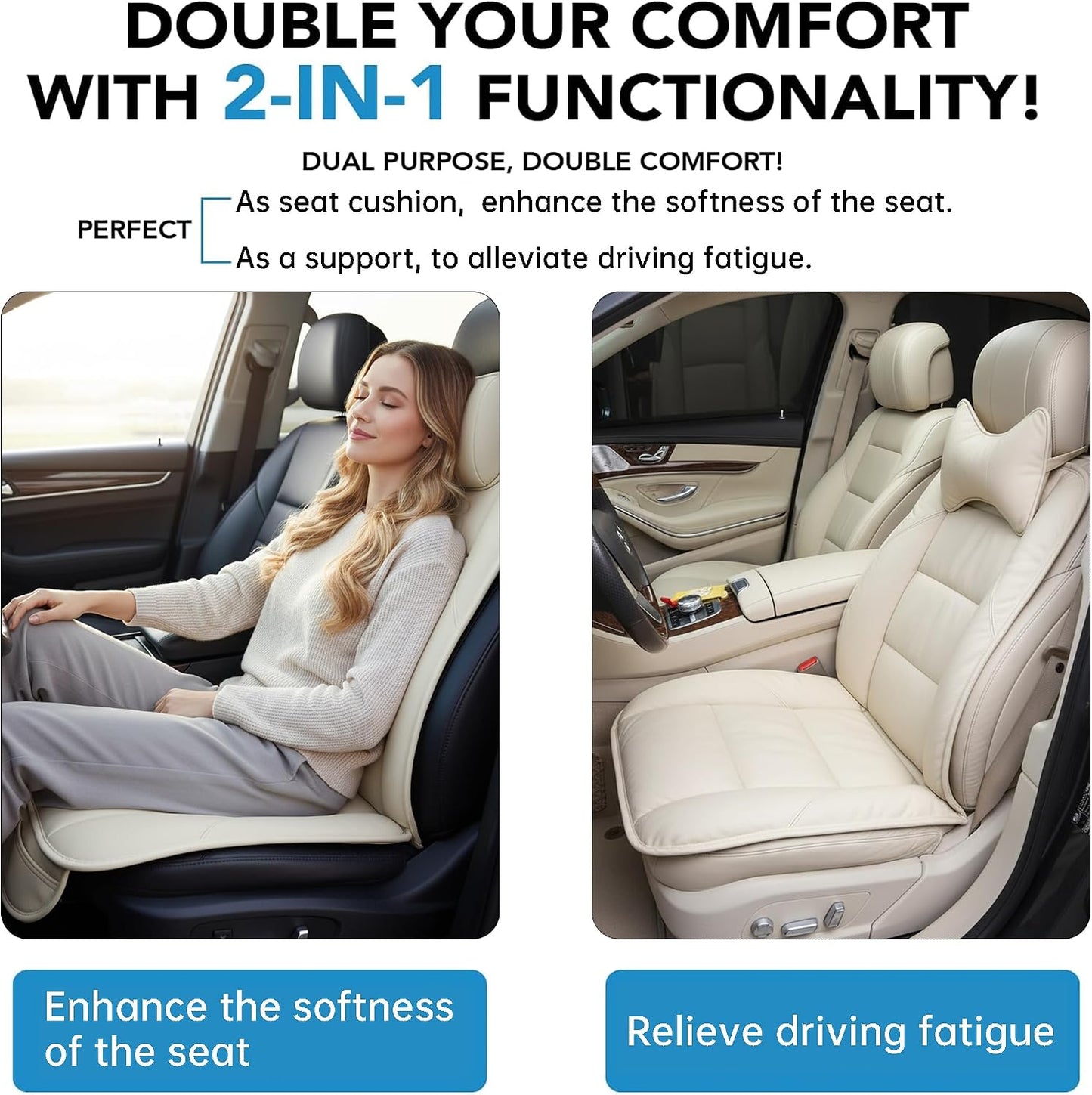 CORRIDOR Genuine Leather Seat Cushion for Car - Handmade - Relieve Hip, Pressure and Sciatica Pain - Ideal for Lower Back Pain - for Office Chair and Car Seat (Off White, Seat + Backrest)