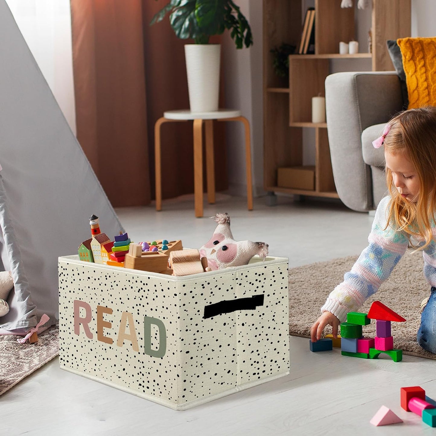 Boho READ Book Storage Bins & Boxes with Handles, Kids Foldable Basket for Organizing, Boho Nursery Collapsible Storage Basket for Kids Room Bedroom Reading Corner Nook Room Clothes Toys Books