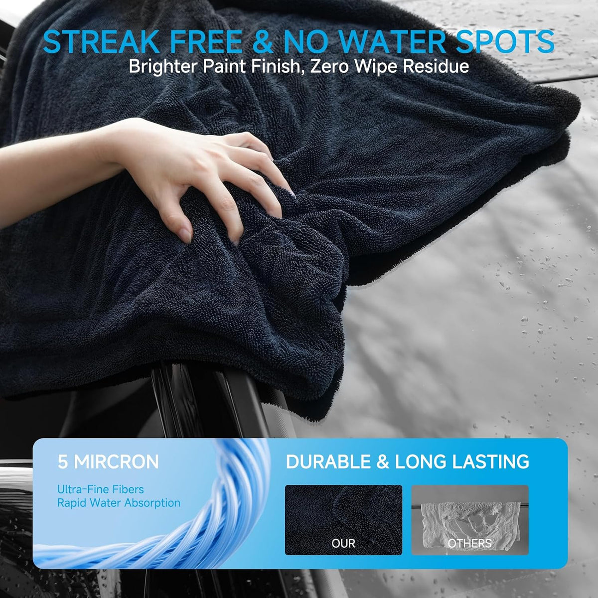 TTRCB 2 Pack Car Drying Towels, 48" x 24" Extra Large Microfiber Towels for Cars, Ultra-Absorbent 70/30 Blend, 1400 GSM, Streak Free, Twisted-Loop Drying Towels Car Detailing for SUV, RV, Truck
