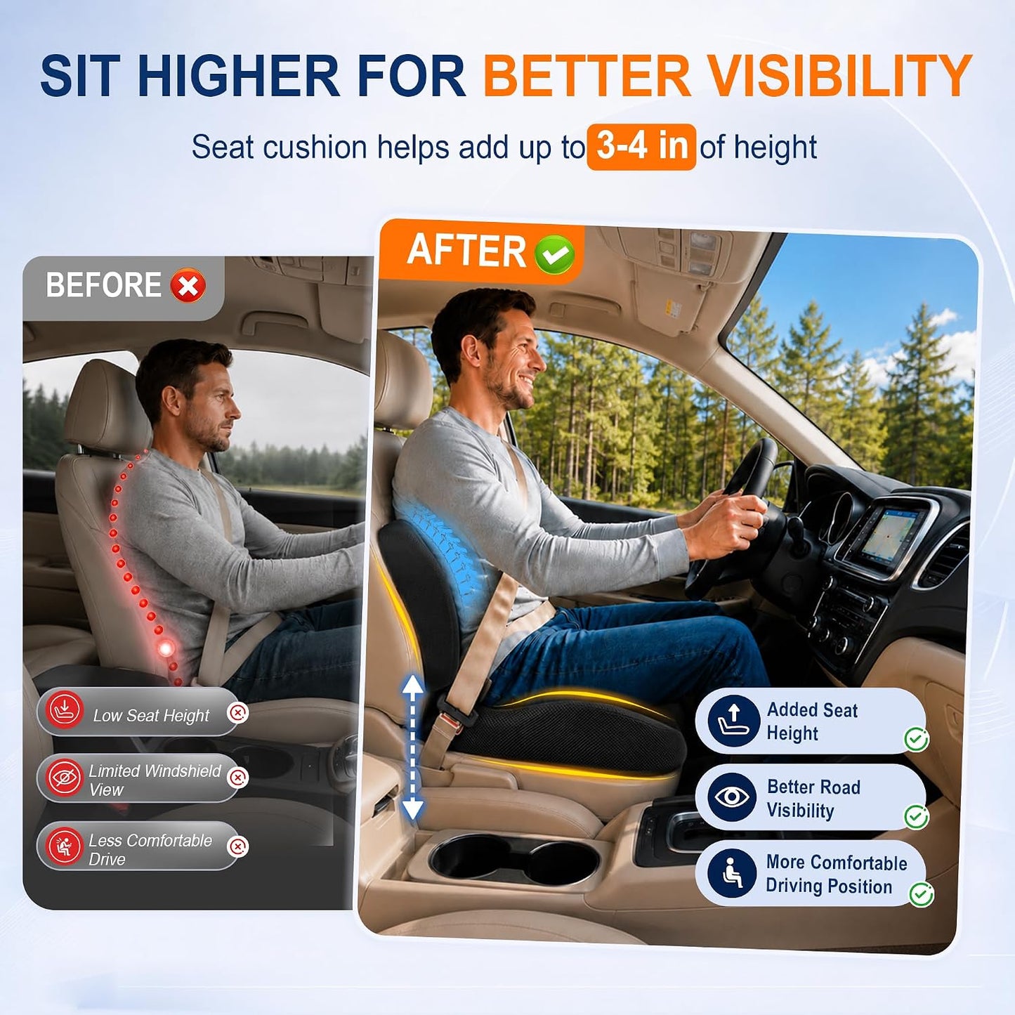 Allaboutsla Car Seat Cushion and Lumbar Back Support Pillow Set for Driving | Memory Foam Car Seat Cushions, Back Support for Car, Car Cushion for Height, Pressure Relief for Trucks, Office Chairs, Black