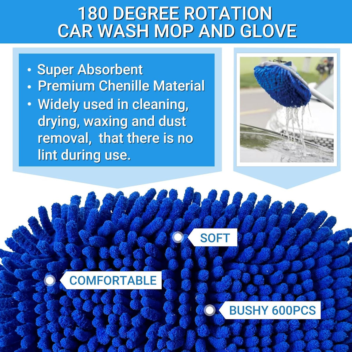 72" Car Wash Brush with Long Handle, On/Off Switch for Car RV Truck Boat Washing Brush, Complete Cleaning Kit with Car Wash Mop Windshield Squeegee Multifunctional Wash Brush