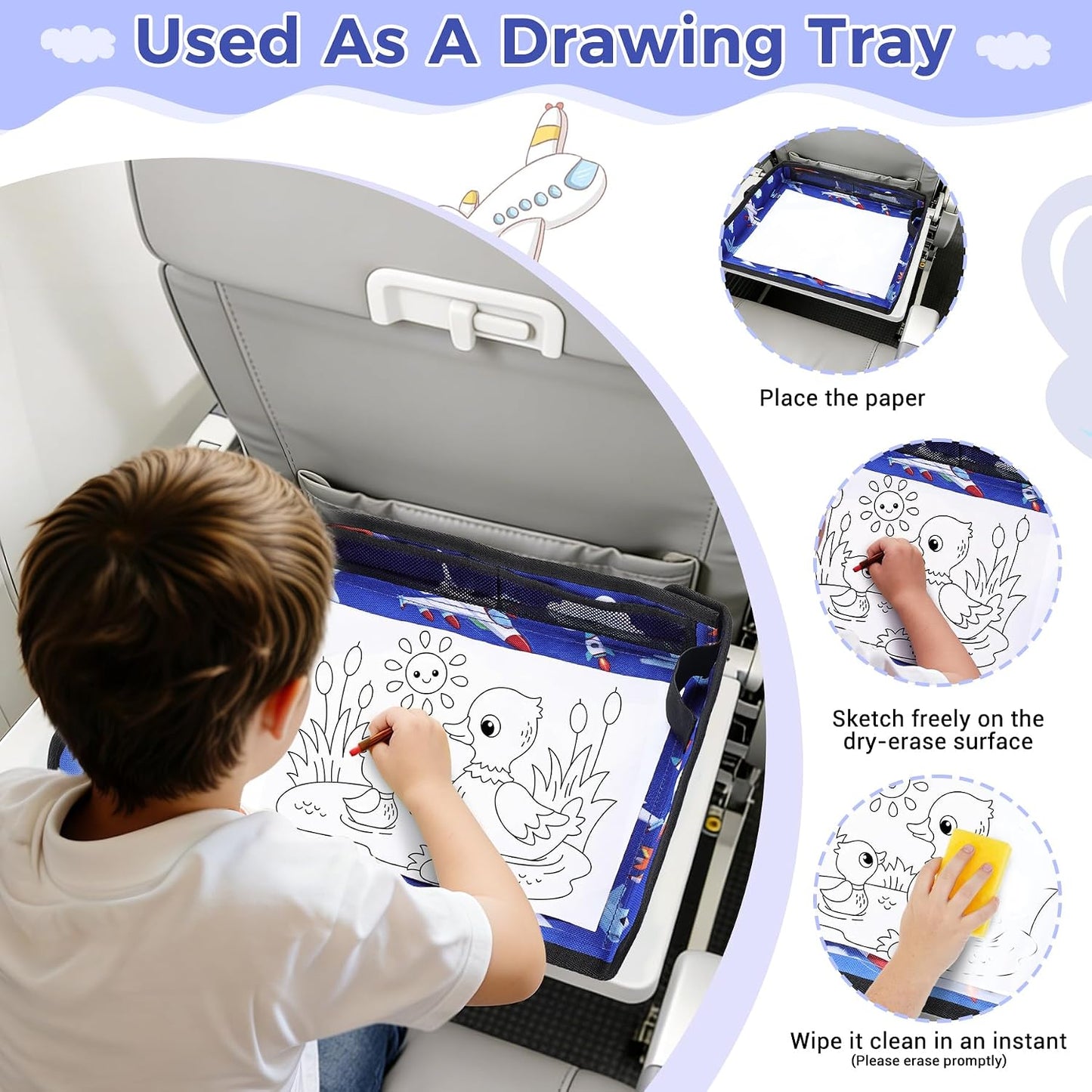 COOLBEBE Airplane Tray Table Cover, Foldable Travel Tray Cover for Toddlers 1-3, Universal Fit for Airplane, Car Seat, High Chair, Machine Washable, Portable, Blue Plane