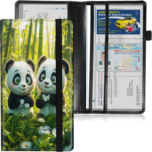 Car Registration and Insurance Holder, Leather Car Document Organizer Wallet, Panda Cubs Bamboo Forest Glove Box Storage for License, ID Card, Card Holder, Cars Accessories for Women Men