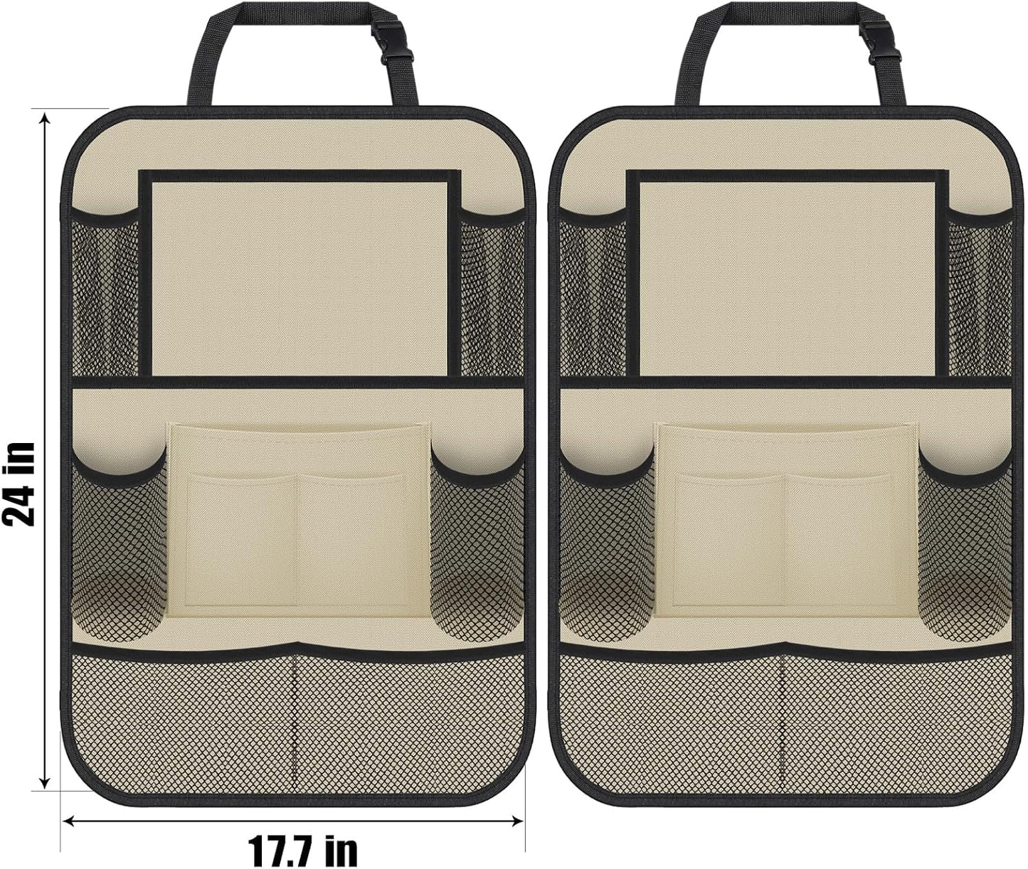 ULEEKA Car Backseat Organizer with 11" Table Holder, 10 Storage Pockets Seat Back Protectors Kick Mats for Kids Toddlers, Travel Accessories, 2 Pack, Beige