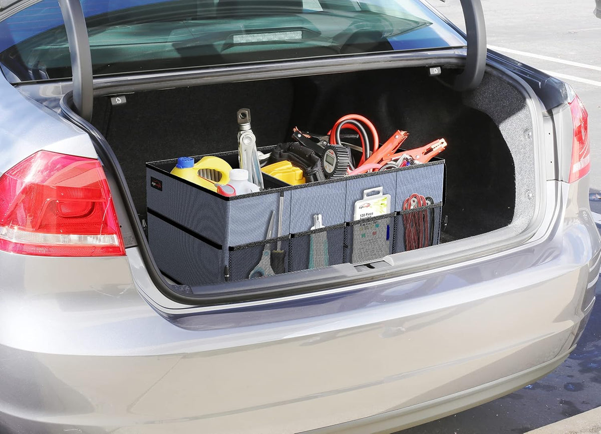 EPAuto Foldable Car Trunk Organizer for SUV, 3-Compartment, Blue | with Removable Divider, Side Pockets and Securing Straps