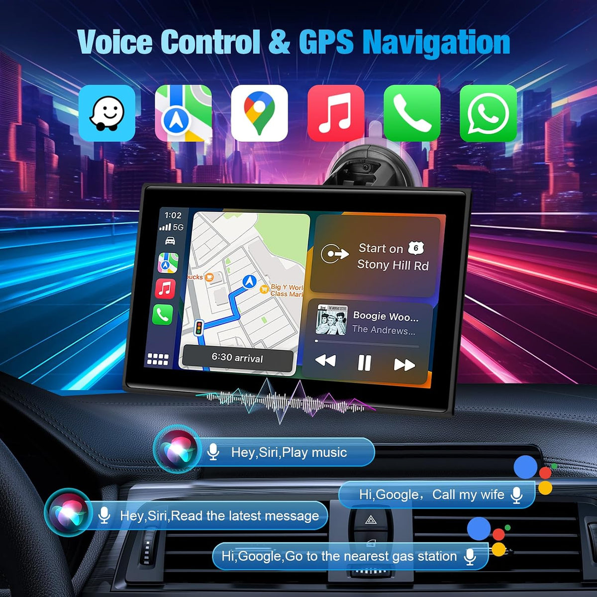 7" Portable Wireless CarPlay Screen for Car – Apple CarPlay & Android Auto, HD Touch Screen Car Stereo, Bluetooth, GPS Navigation, Voice Control, Plug-and-Play with FM/AUX/Mirror Link (Black)