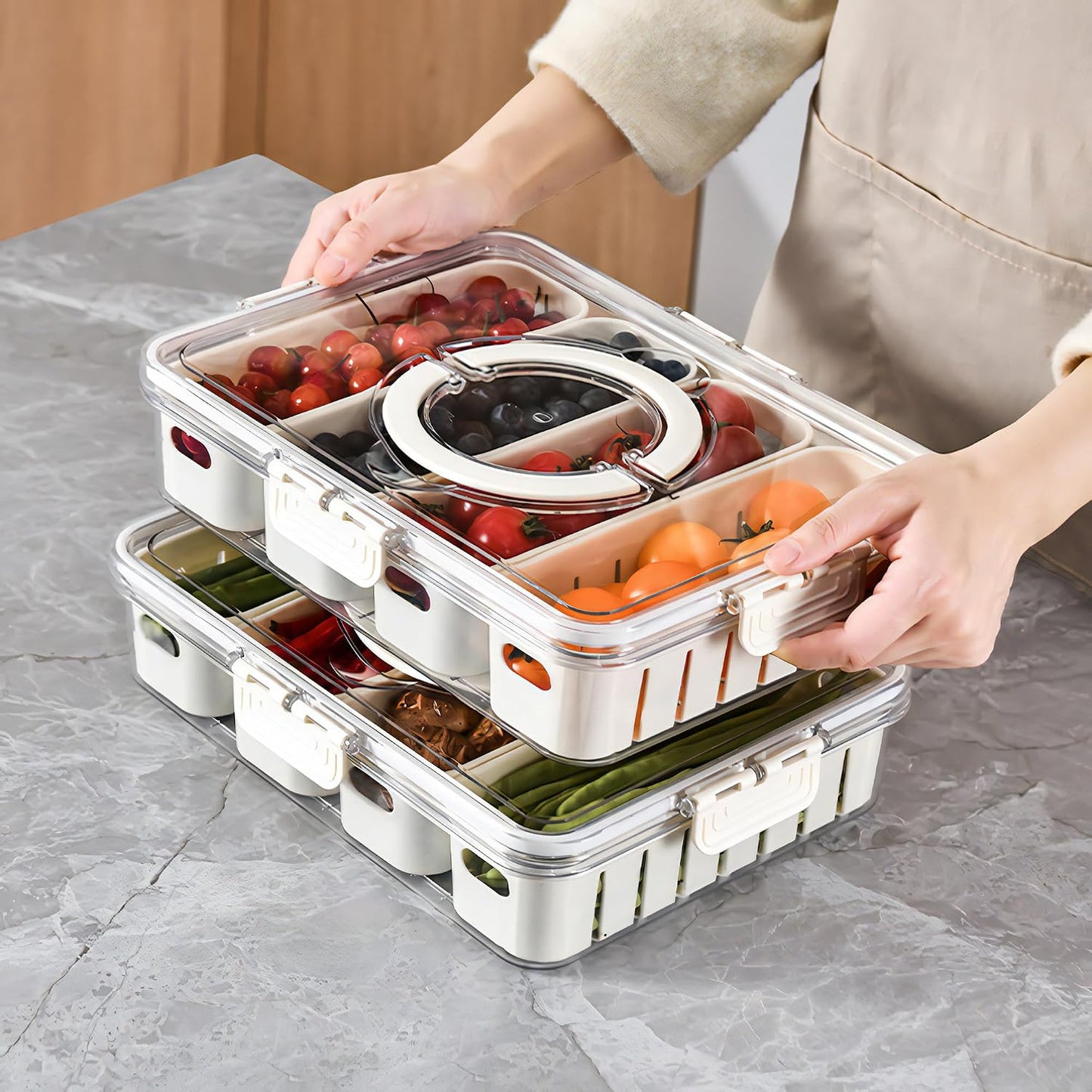 Divided Snackle Box with Lids Stackable Food Serving Tray for Fruit&Veggie Plastic Fridge Storage Container for Pantry Freezer Clear Snack Box for Meal Prep Candy Nuts Spice