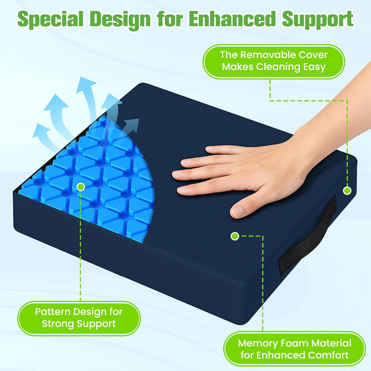 Seat Cushion for Office Chairs, Memory Foam Chair Cushion with Patterned Core for Even Support, Back, Tailbone & Sciatica Relief, Chair Pillow with Carry Handle for Car, Wheelchair(Blue)