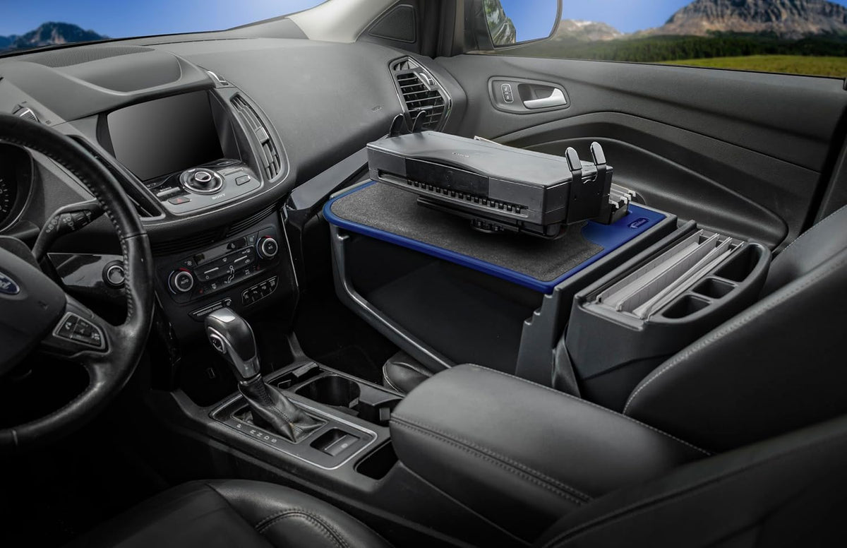 AutoExec Efficiency FileMaster Car Desk for Your Vehicle Workstation and Mobile Office, Blue, with Printer Stand