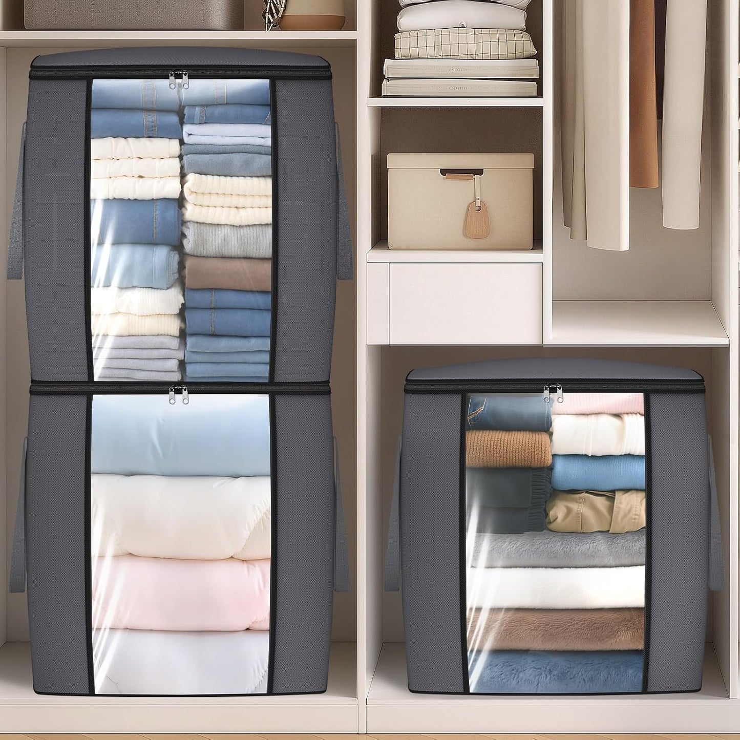 TasticTotes 120L Extra Large Clothes Storage Bags, Foldable Blanket Storage and Organization, Thick Fabric Containers with Reinforced Handles & Zippers for Clothing, Comforters, Bedding, Gray, 2 Pack