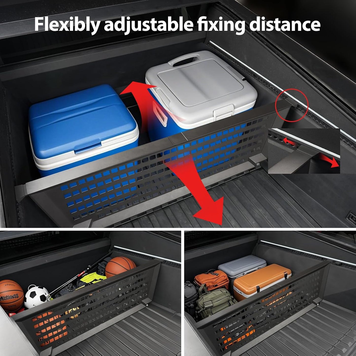 Truck Bed Divider Compatible with 2024 2025 Tesla Cybertruck, Rear Trunk Cargo Aluminum Organizer Carbon Steel Molle Panel with 8 Removable Hooks, No Drill Installation & Adjustable Partitions