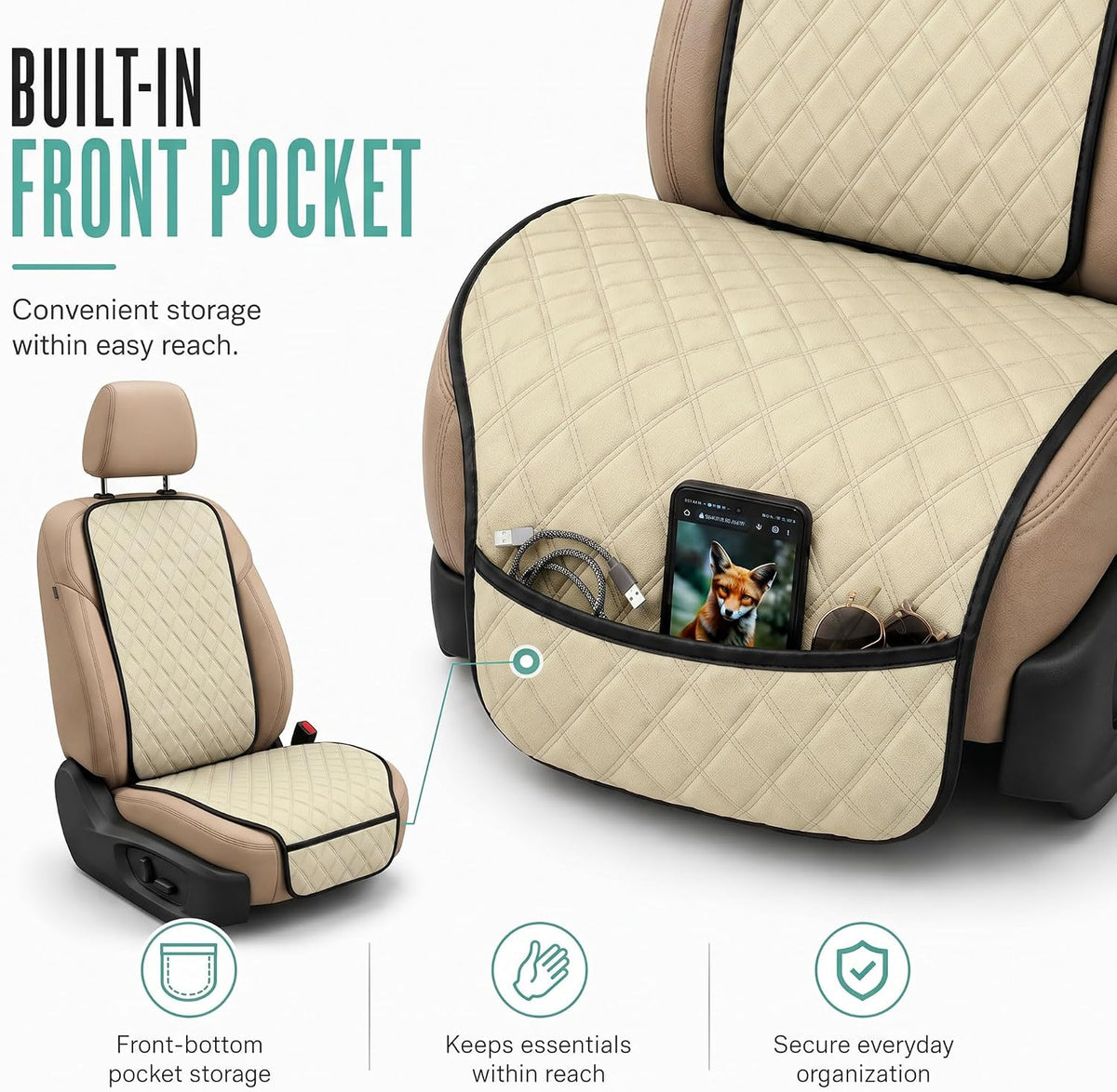 FH Group Car Seat Cushion – Neosupreme Single Front Seat Cover with Front Pockets, Airbag Compatible, Universal Fit Car Seat Cushion for Driver or Passenger Seat, SUV, Truck, Sedan & Van – Beige