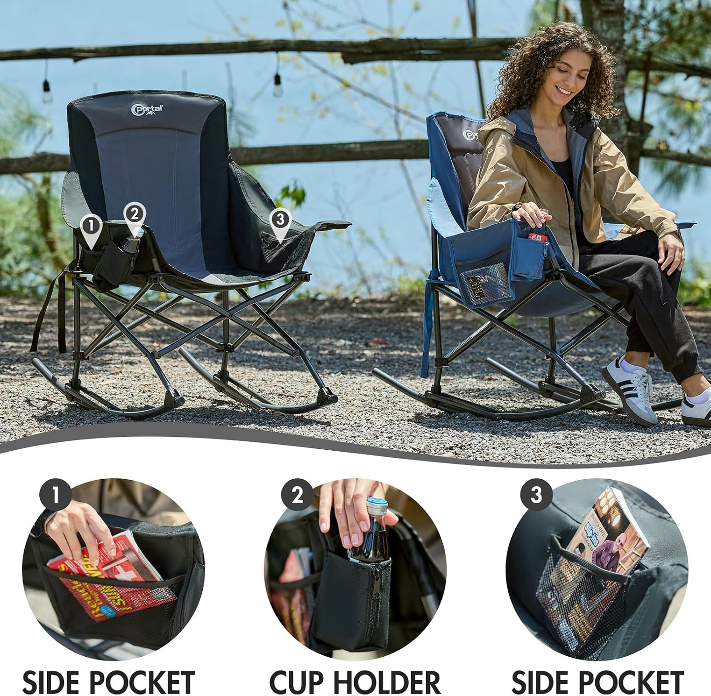 Portal Camping Rocking Chair Outdoors Folding Portable Rocker with Cup Holder Side Pocket Carry Bag, Support 350LBS, Black