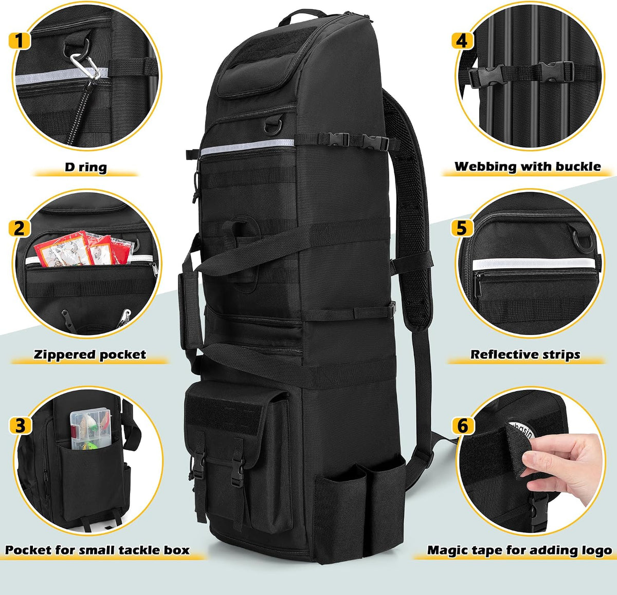 Rexmica Fishing Rod Bag Backpack Holds 8 Rods & Reels, Fishing Tackle Bag with Compartment for Tackle Boxes, Fishing Gear or Equipment, Fishing Pole Carrying Bag with Tactical Molle System
