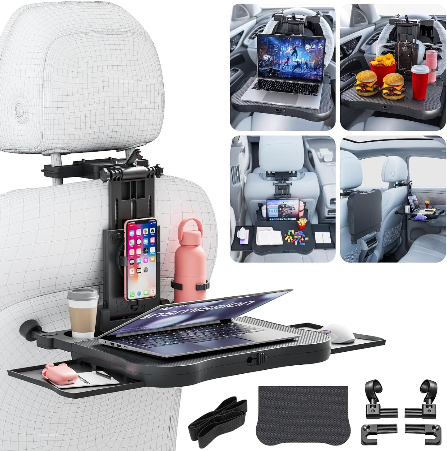 Large Foldable Backseat Tray Table, Car Laptop Desk with Cup Holder, Back Headrest Passenger Food Tray, Phone Tablet Holder, Multifunctional Travel Desk, Car Essentials for Kids & Long Road Trips
