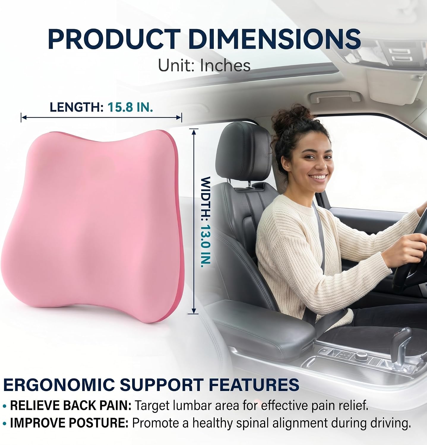 Lumbar Support Pillow, Ergonomic Memory Foam Back Cushion for Car Office Chair Gaming Chair, Washable Cool-Touch Cover for Lower Back Support (Pink)