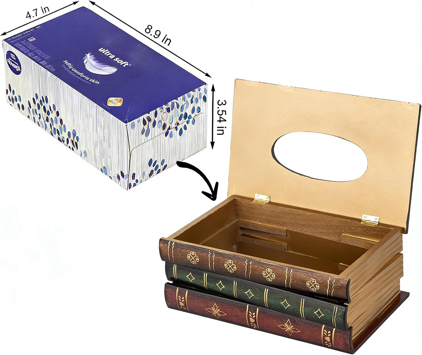 Crafted Classical Retro Wooden Antique Book Tissue Box Cover Rectangular Tissue Holder Dispenser Paper Cover Case Napkin Holder Home Decor for Bathroom Living Room Office car Kitchen