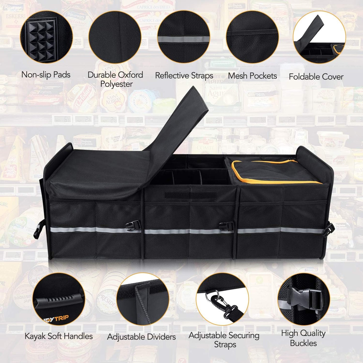HEYTRIP Large Trunk Organizer With Built-in Leakproof Cooler Bag, 2 Tie-Down Straps, 4 Removable Dividers, Foldable Cover, Built with 2mm PE Board