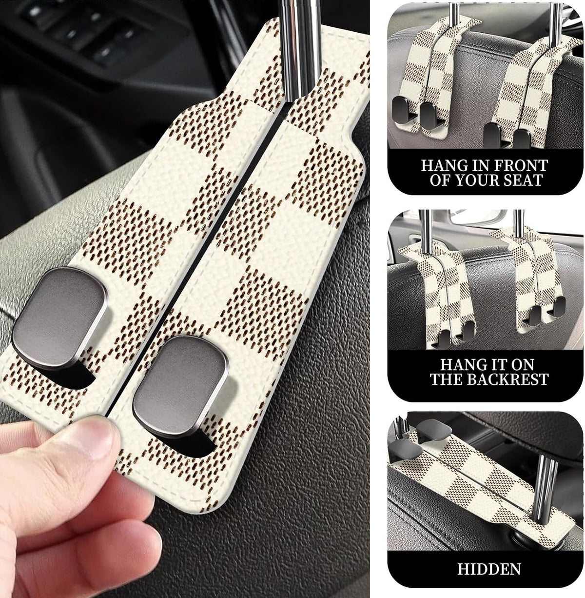 PU Leather Car Seat Hook, Storage Headrest Hanger, Cute Car Backseat Organizer, Car Hooks For Purses and Bags Luxury Checkerboard