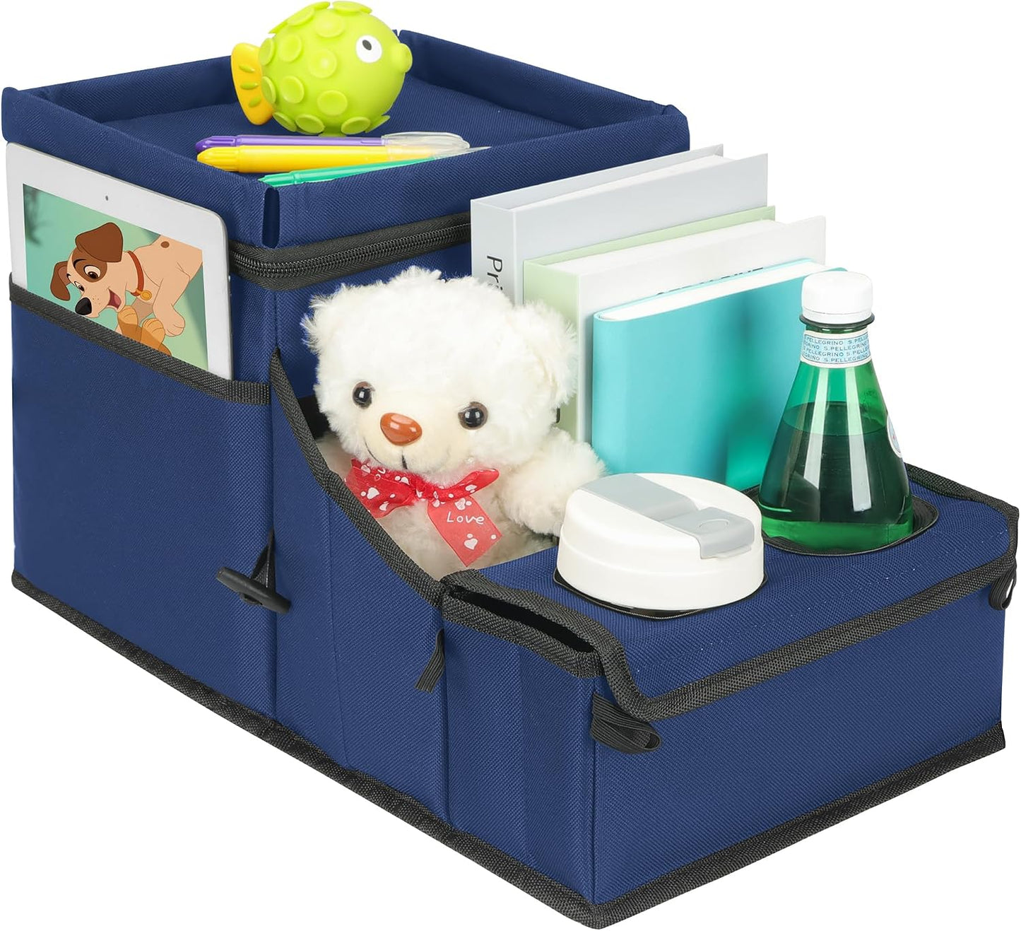 Backseat Organizer for Kids & Adults – Car Seat Cooler Warmer with 2-in-1 Writing Tray, Cup Holders & 11 Storage Compartments | Road Trip Car Organizer for Front & Back Seat (Black) (Navy Blue)