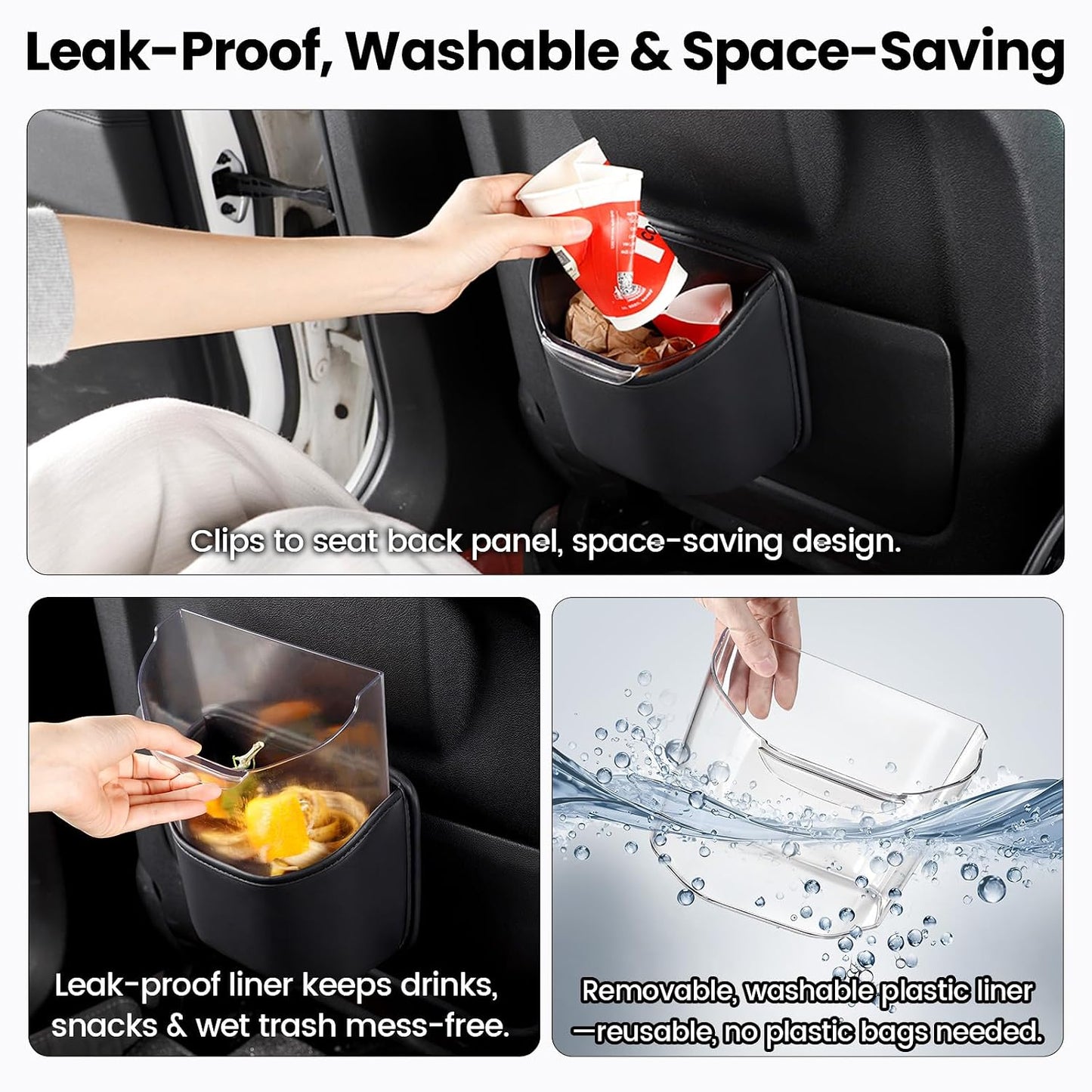 1797 Car Trash Can for Back Seat, Automotive Garbage Bin Clip on Front Seat Back, PU Leather with Leakproof Removable Plastic Liner, 0.42 Gallon Capacity for Small Trash