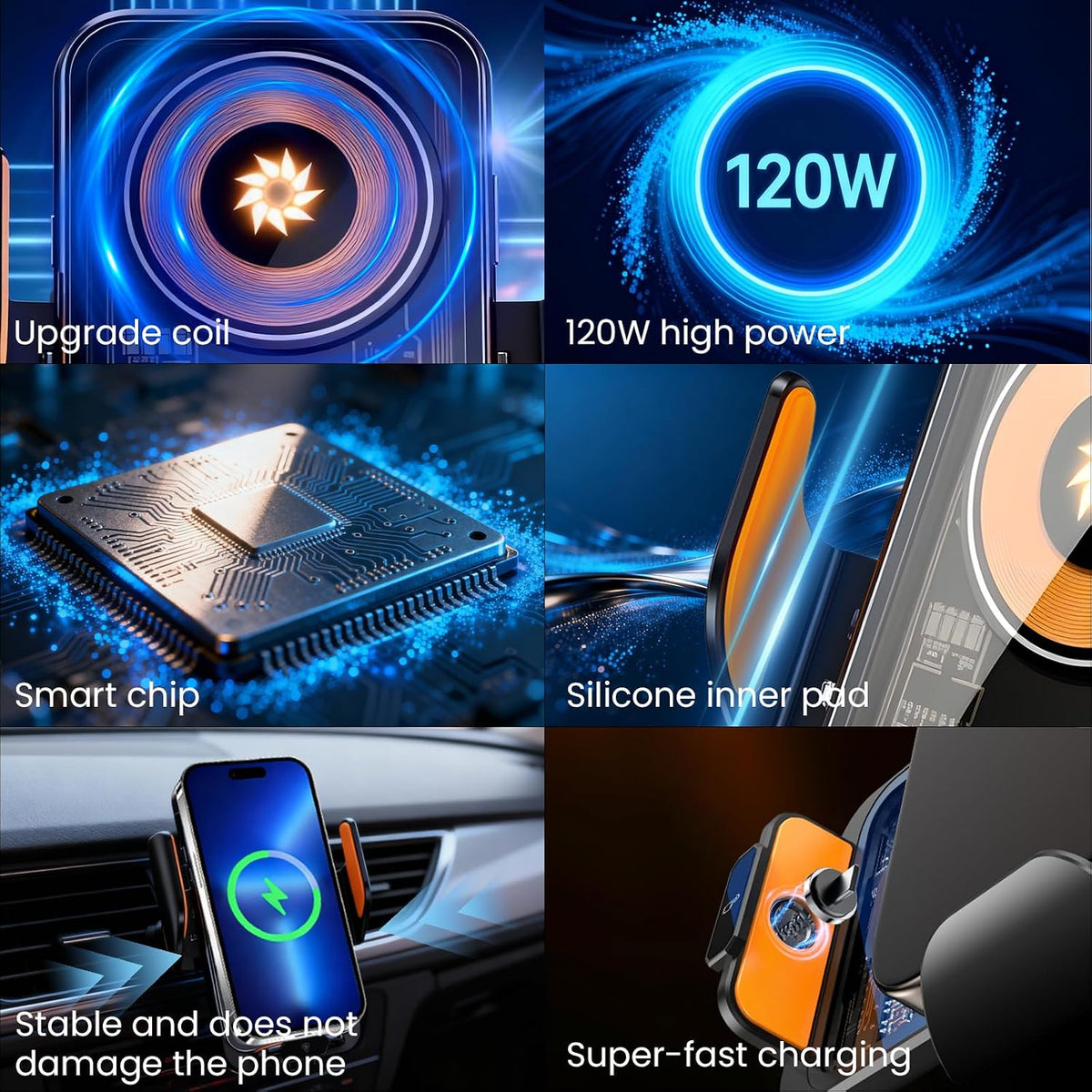 Fast Wireless Car Charger Wireless Charging Phone Mount for Car Magnetic Navigation Car Phone Holder Automatic Smart Sensor Clamping Rotating with Charger Station Fast Wireless Charger Max 120W(Black)