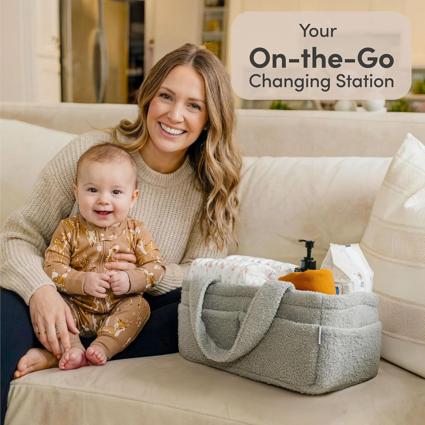 PUTSKA Baby Diaper Caddy Organizer for Changing Table – Stylish Nursery Storage Basket, Newborn Essentials, Baby Shower Gifts and Registry Must-Haves for Boy or Girl, Car Diaper Caddy, Fleece Grey