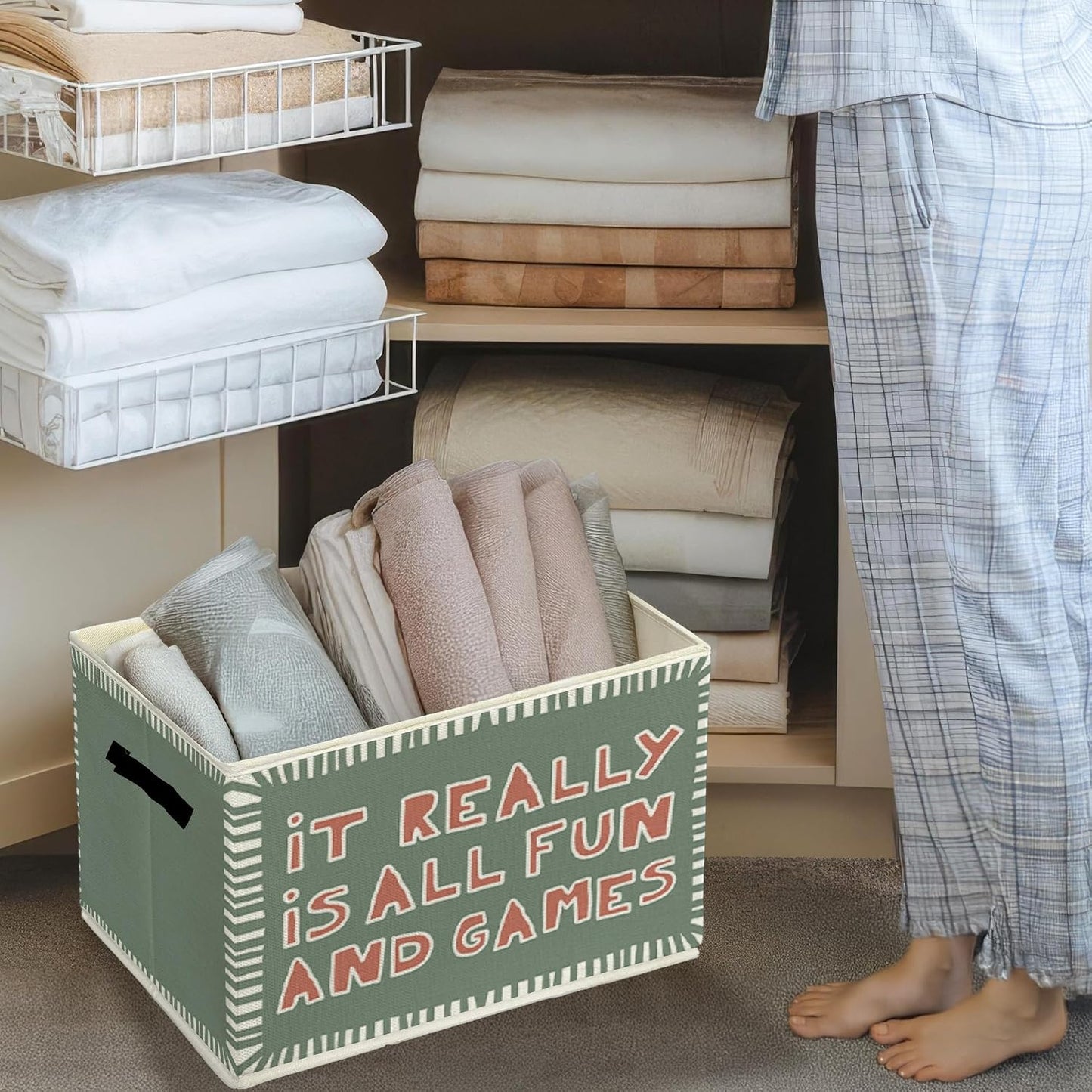 Retro Green Playroom Storage Bins & Boxes with Handles, Kids Foldable Basket for Organizing, It Really Is All Fun and Games Collapsible Storage Basket for Bedroom Bathroom Clothes Toys Books
