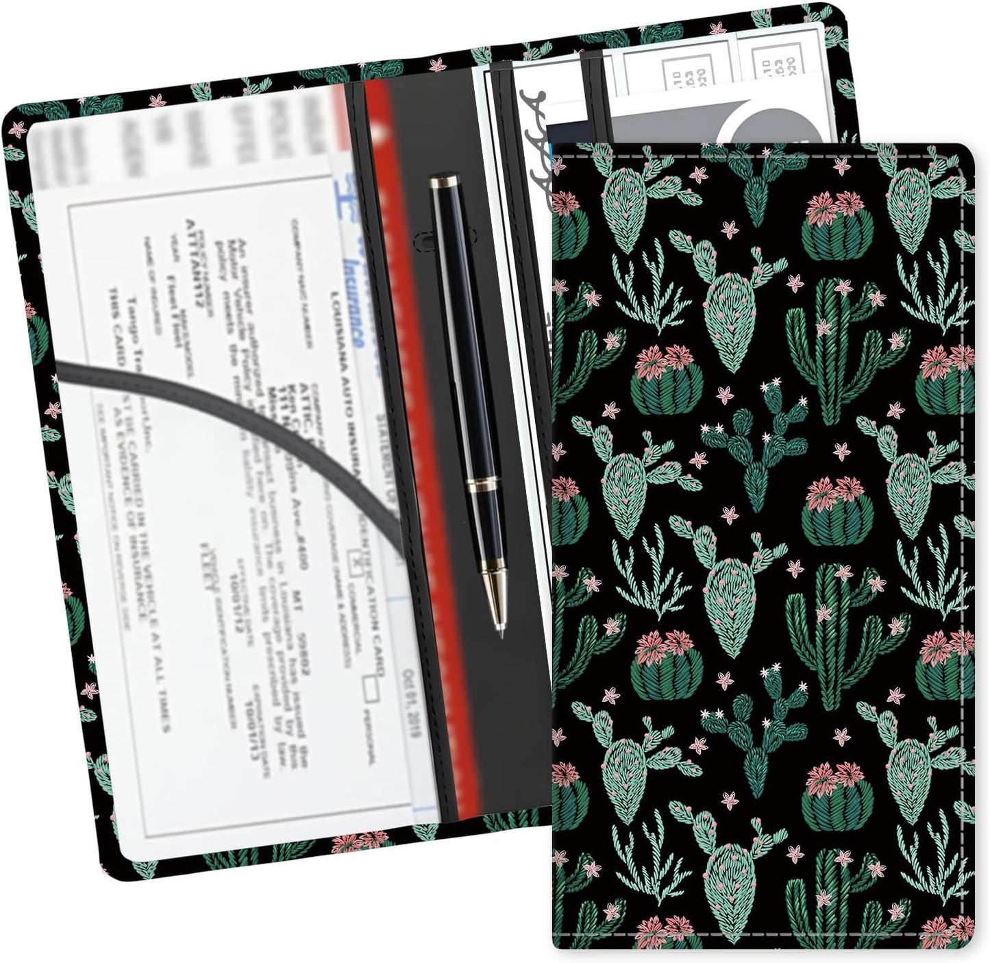 Leather Car Registration and Insurance Card Holder, Cute Car Accessories Vehicle Glove Box Car Organizer for Documents, Cards, License Cute Cactus