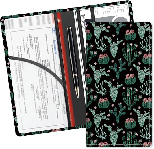 Leather Car Registration and Insurance Card Holder, Cute Car Accessories Vehicle Glove Box Car Organizer for Documents, Cards, License Cute Cactus