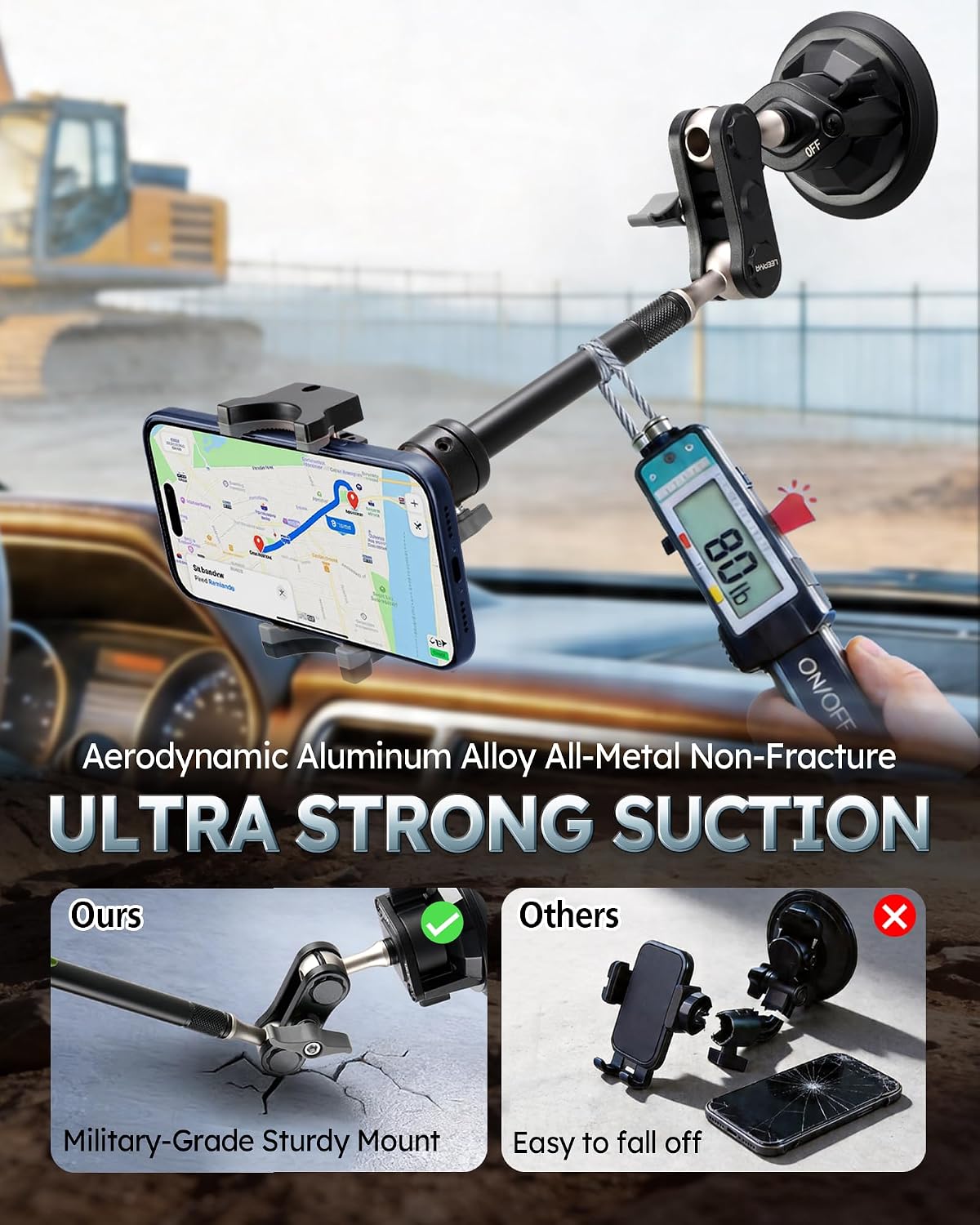 Semi Truck Phone Mount for Drivers, 360° Anti-Shake with Extension Rod