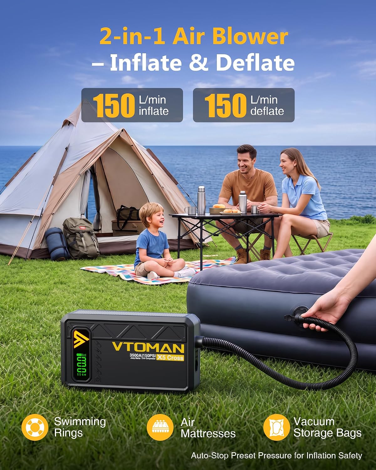 VTOMAN X5 Cross 3500A Jump Starter with Air Compressor, Car Battery Jumper