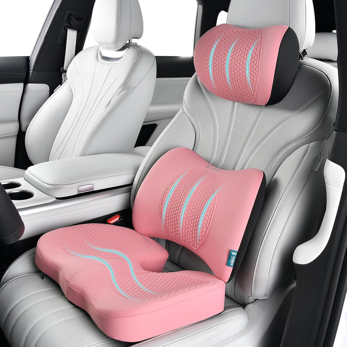 FLORICH 3 PCS Seat Cushion for Carseat Lumbar Support Pillow Car Neck Headrest Pillow 100% Memory Foam Seat Pads Pressure Relief Back Cushion for Office Chair(Light Pink)