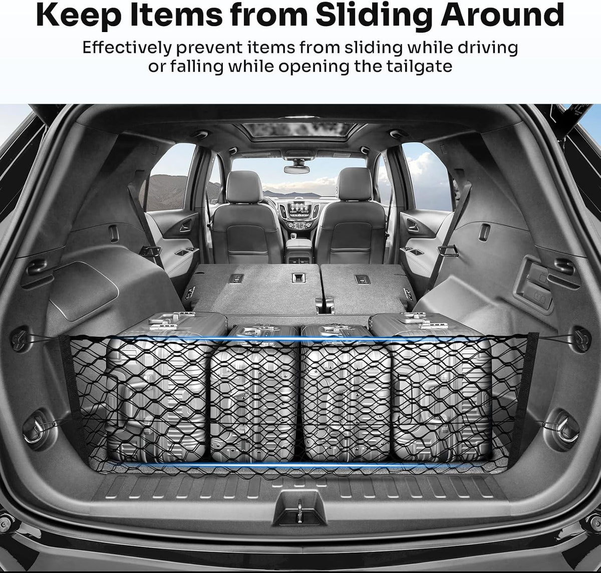 Canvcle Trunk Cargo Net for 2018-2025 2026 Chevy Equinox & GMC Terrain Accessories Envelope Style Mesh Trunk Net Organizer and Storage Stretchable Elastic Nylon Rear Cargo Netting with Hooks