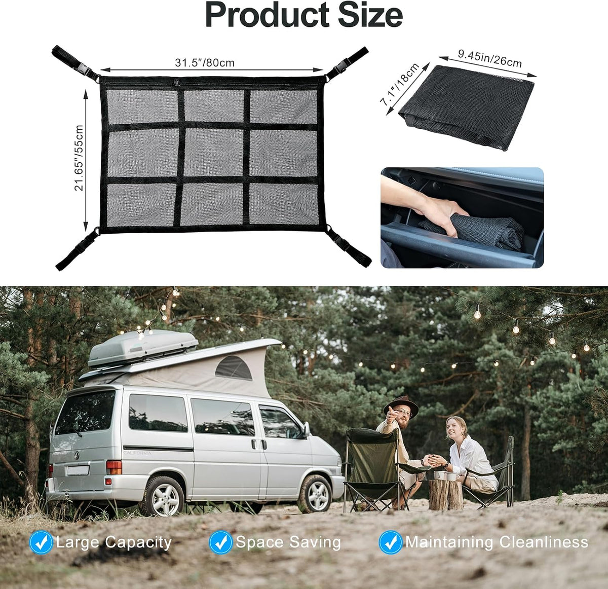 Car Ceiling Cargo Net Pocket, 31"x21" Nine Grid Mesh Nine SUV Roof Organizer Long Trip Storage Bag,Tent Putting Quilt Children's Toy Towel Sundries Interior Accessories