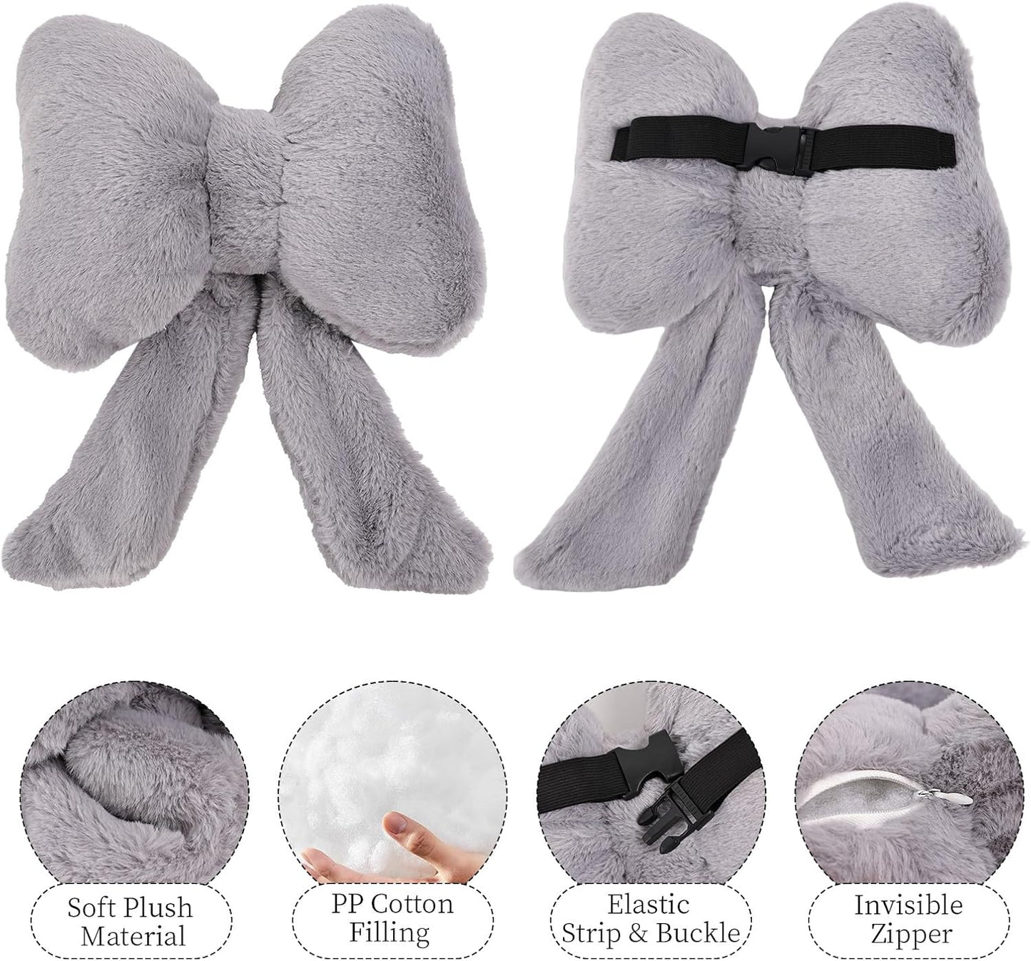 Bow Car Headrest Pillows Plush Car Neck Pillows for Travel Driving Office Chair Head Support Cushions, Also Cute Car Decor Accessories (2PCS Grey)